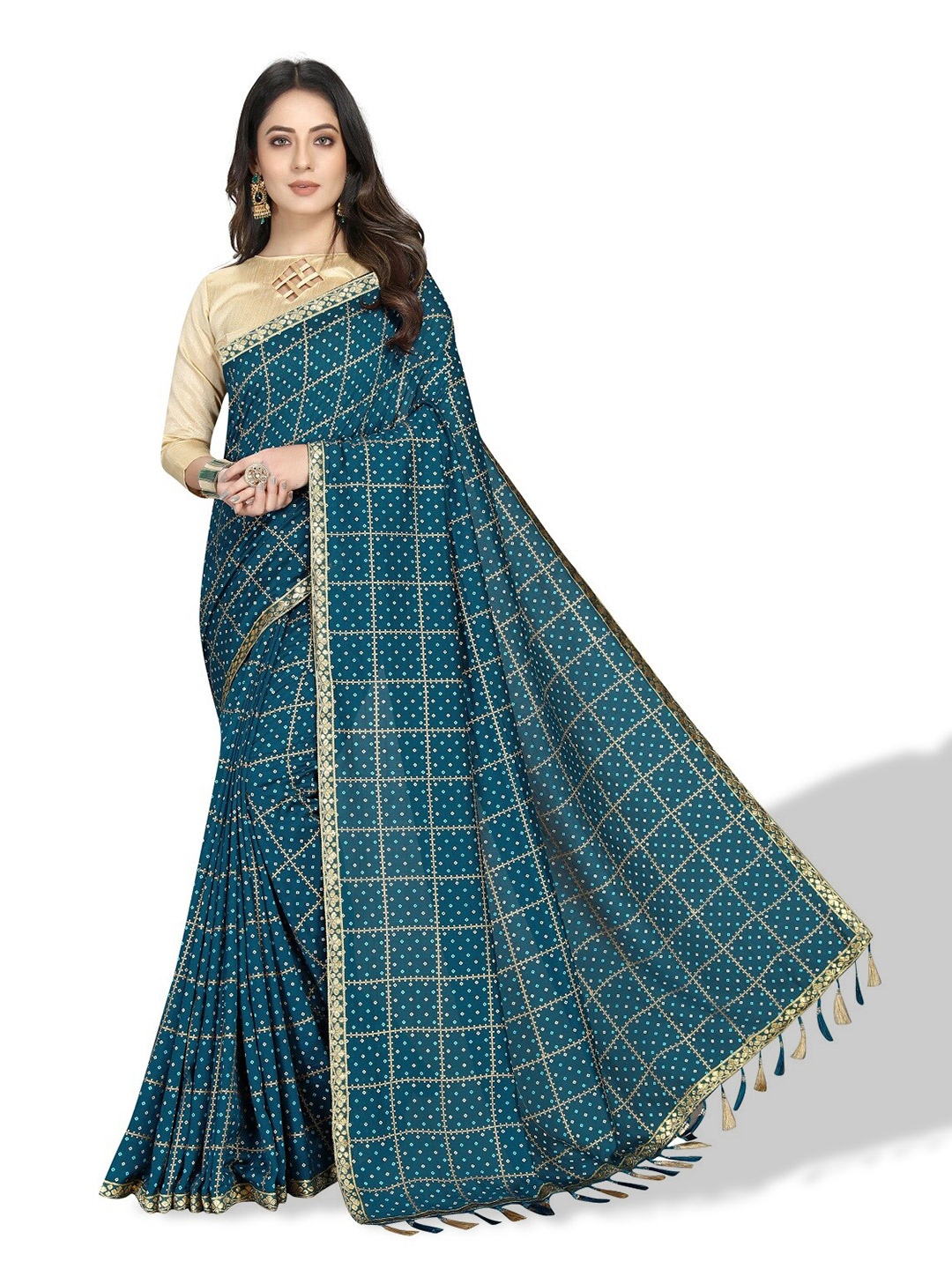 

ZEEPKART Bandhani Zari Poly Silk Saree, Blue