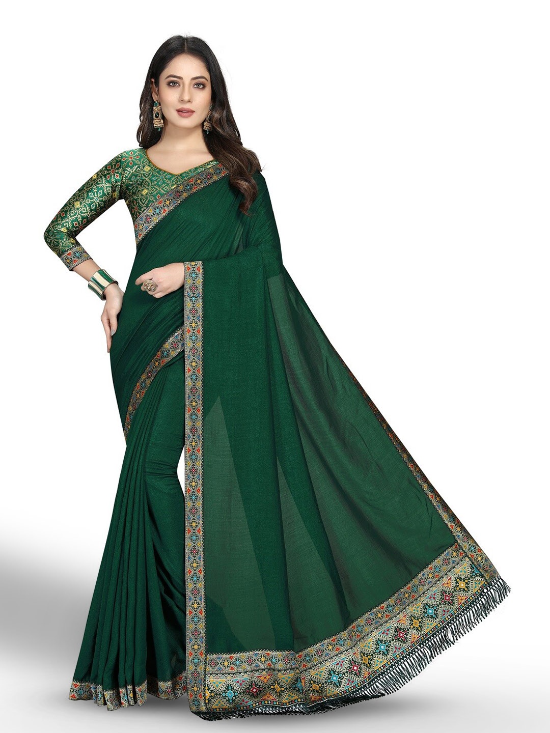 

ZEEPKART Woven Design Bordered Saree, Green