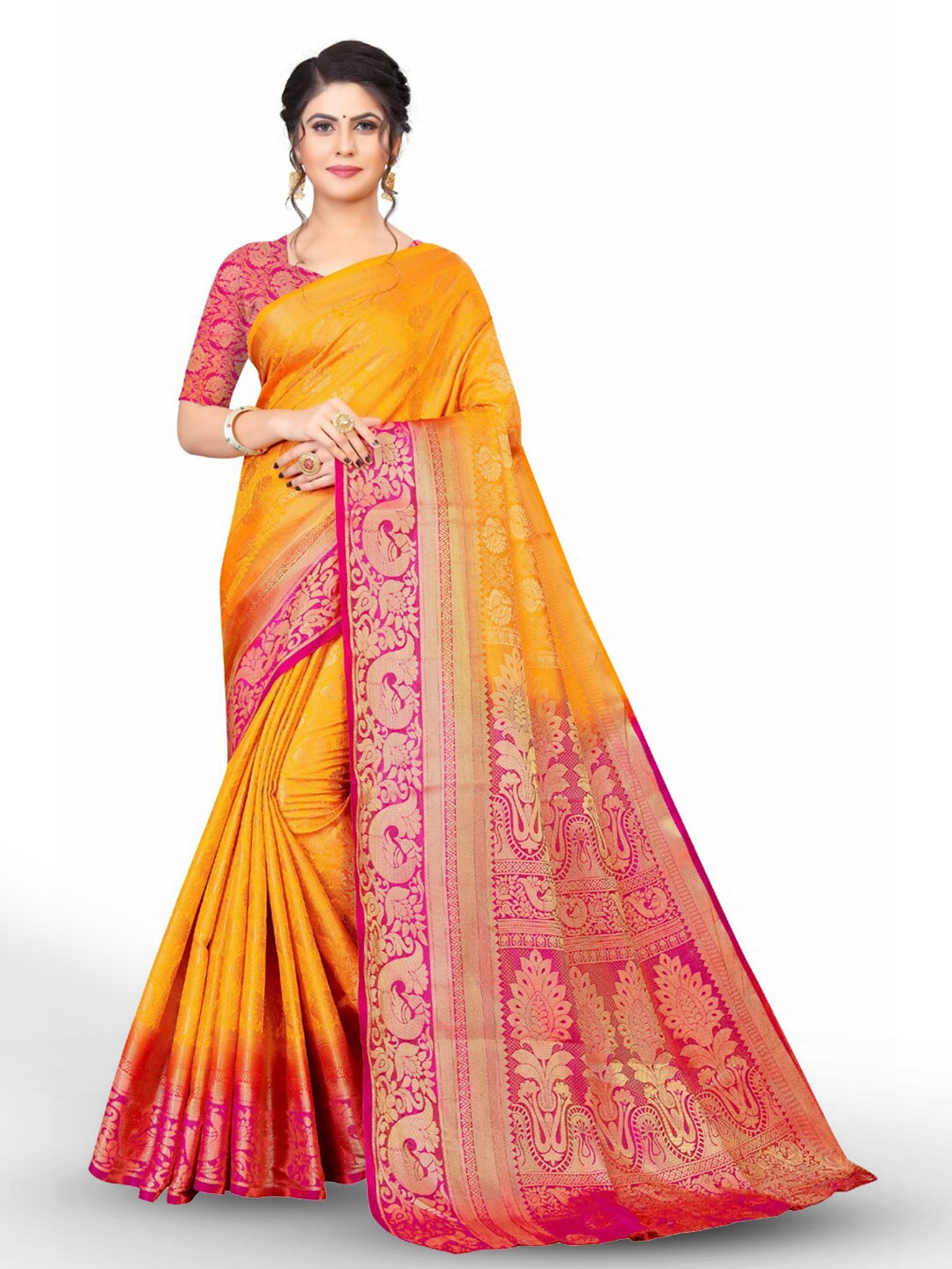 

ZEEPKART Ethnic Motifs Woven Design Zari Kanjeevaram Saree, Orange