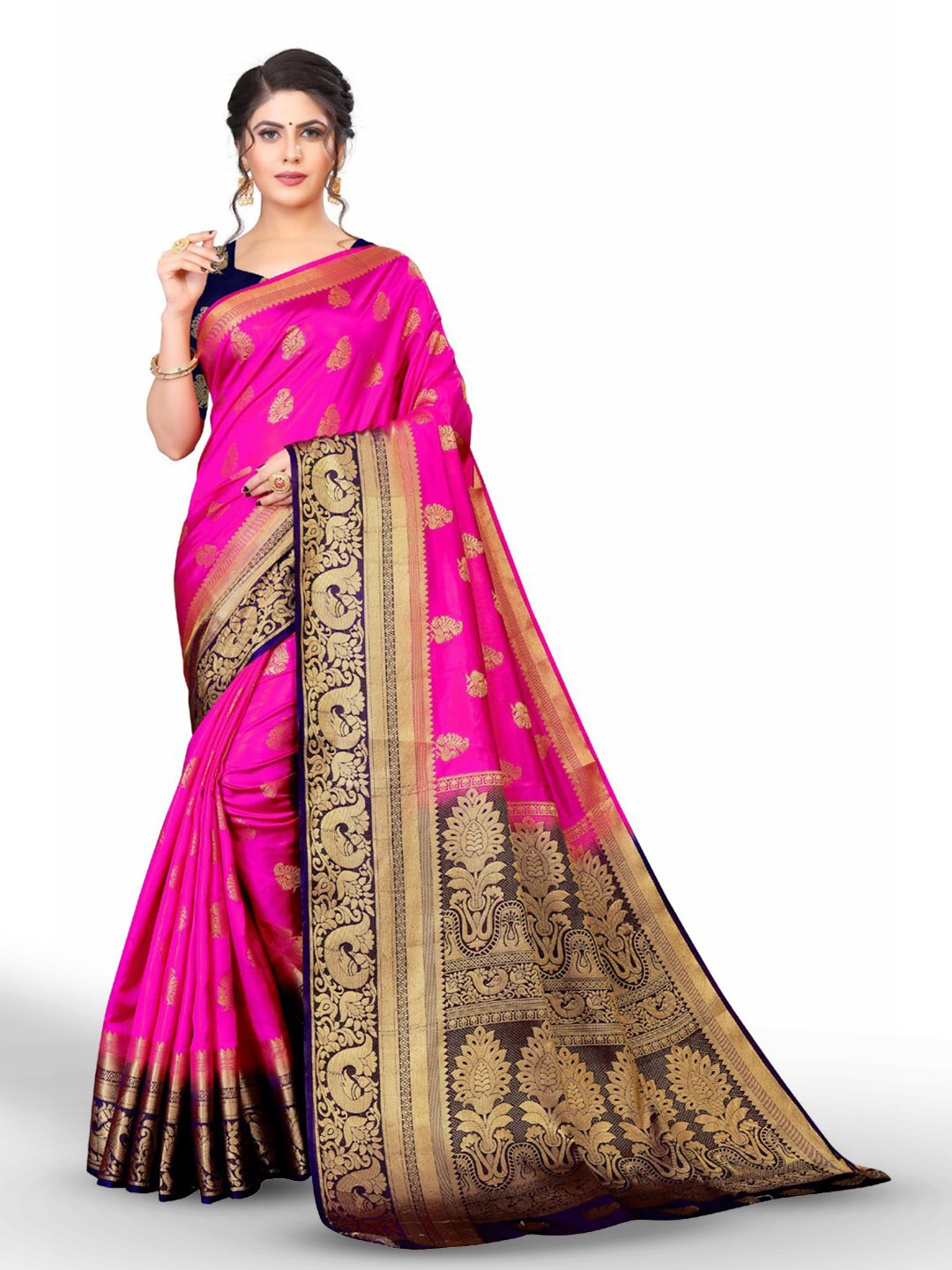

ZEEPKART Bandhani Poly Silk Zari Saree With Blouse Piece, Pink