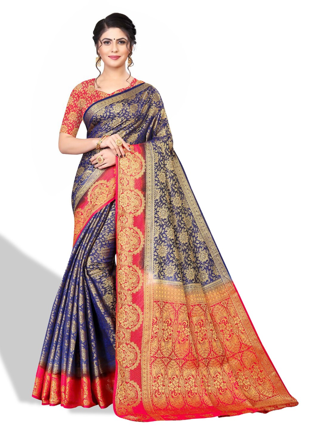 

ZEEPKART Ethnic Motifs Woven Design Zari Kanjeevaram Saree, Blue