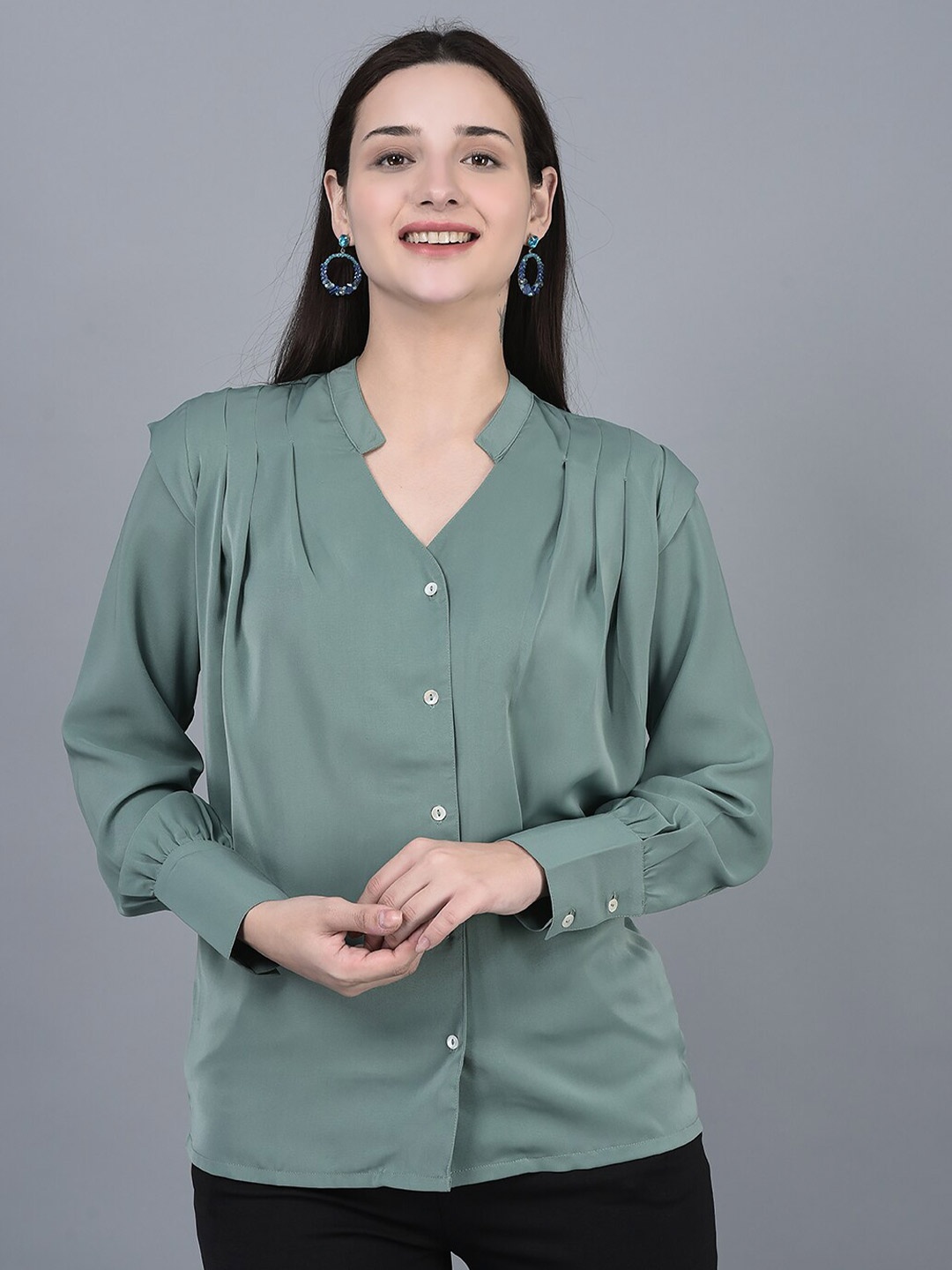 

CANOE Smart Mandarin Collar Casual Shirt, Green