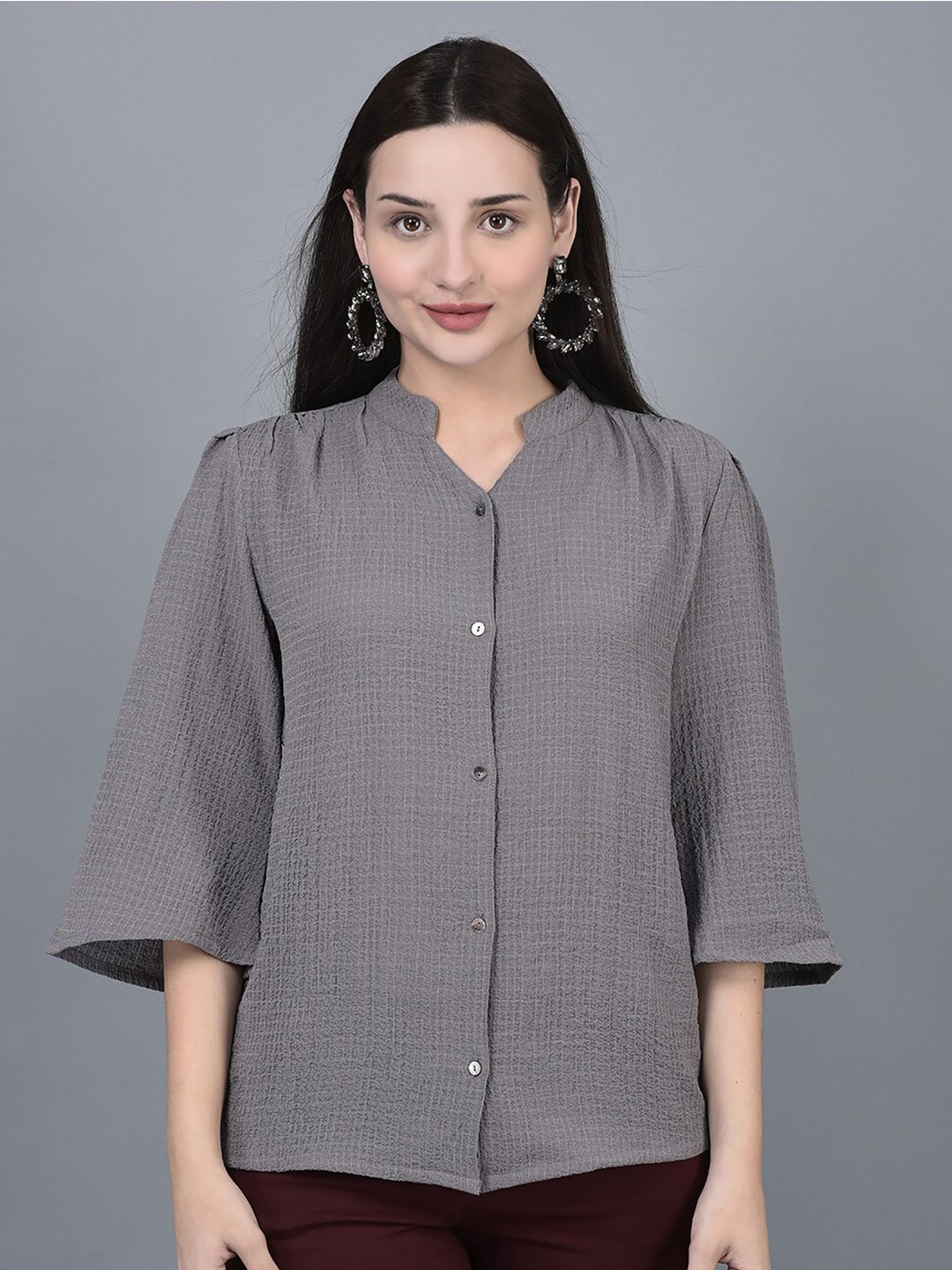 

CANOE Self Design Mandarin Collar Casual Shirt, Grey