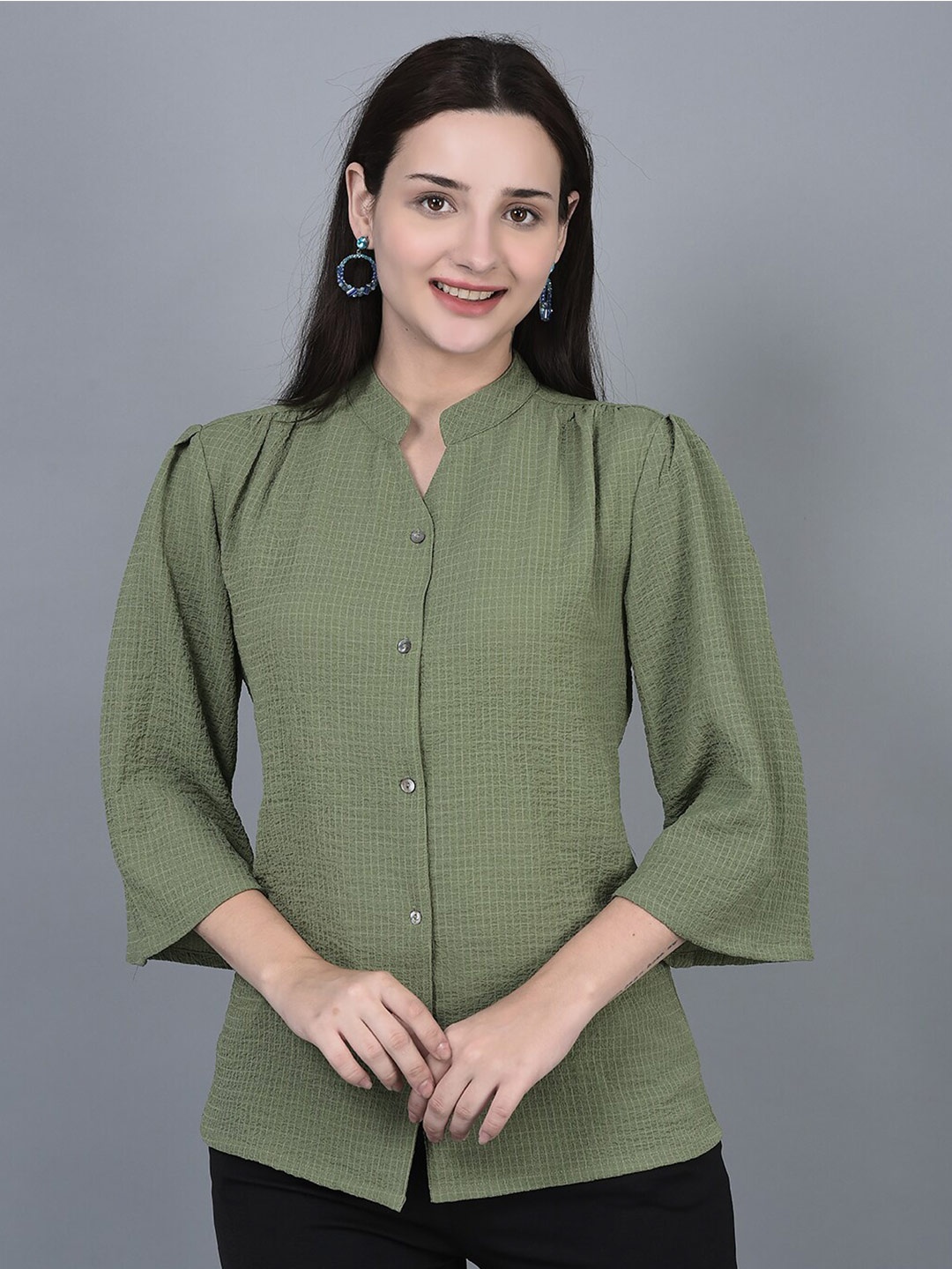 

CANOE Self Design Mandarin Collar Casual Shirt, Green