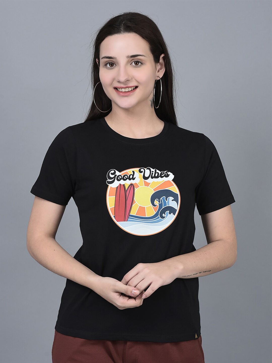 

CANOE Round Neck Graphic Printed T-shirt, Black