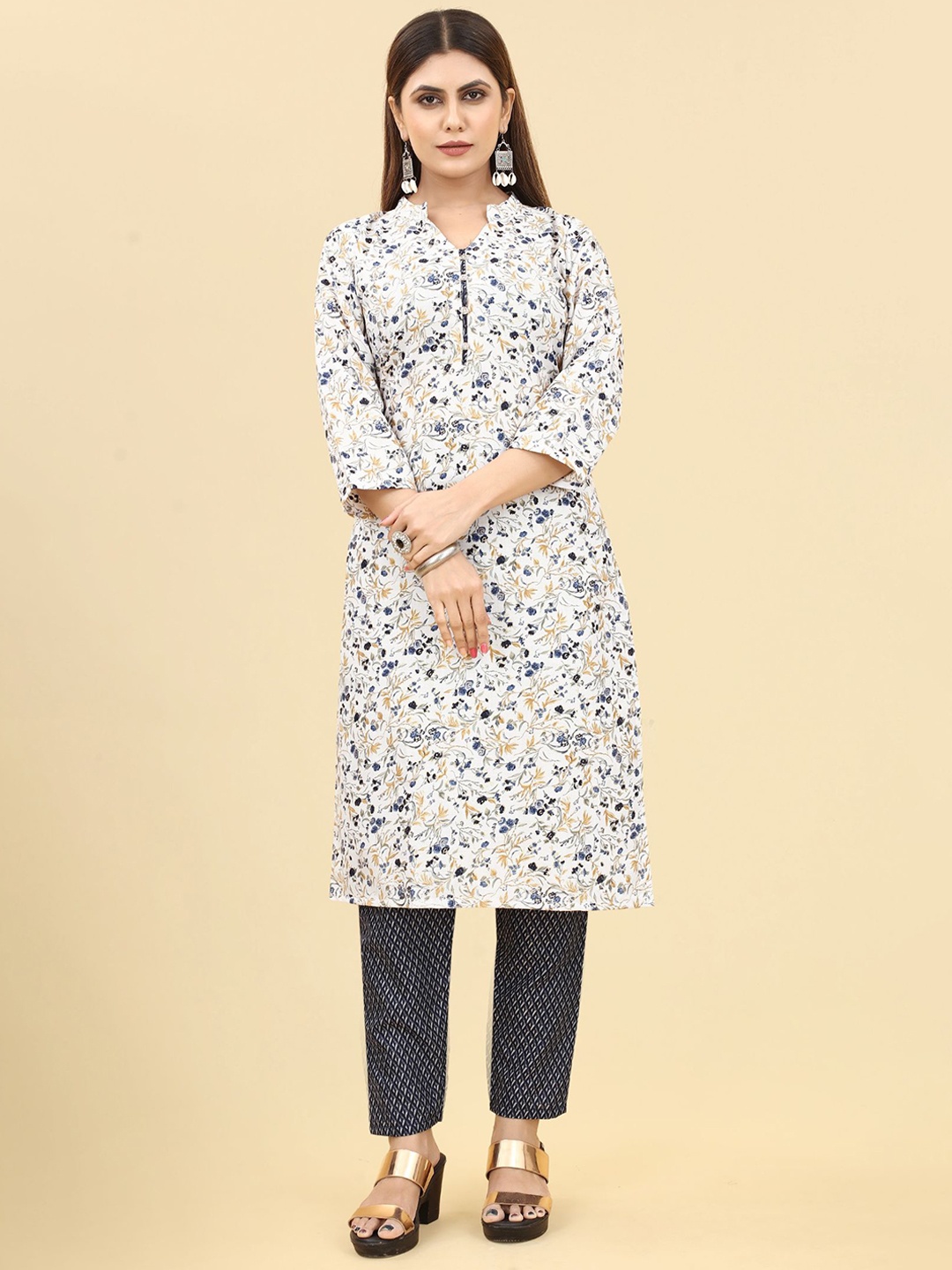 

KALINI Floral Printed Mandarin Collar Kurta with Trousers, White