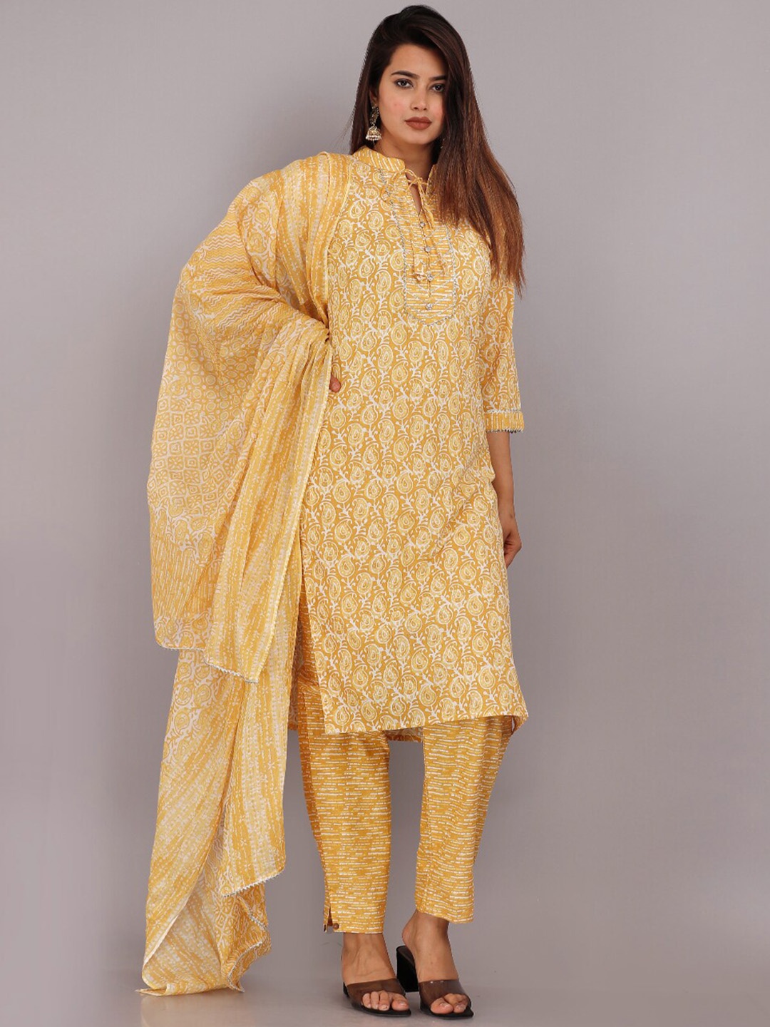 

KALINI Paisley Batik Printed Gotta Patti Pure Cotton Kurta with Trousers & Dupatta, Mustard