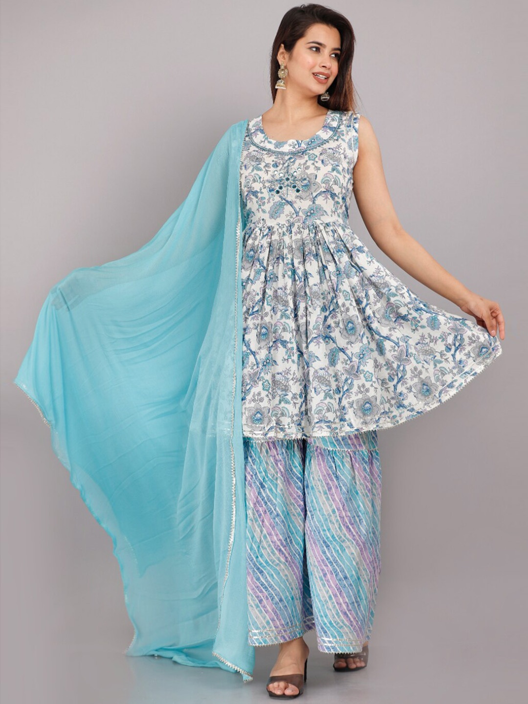 

KALINI Floral Printed Mirror Work Pure Cotton Kurti with Sharara & Dupatta, Blue