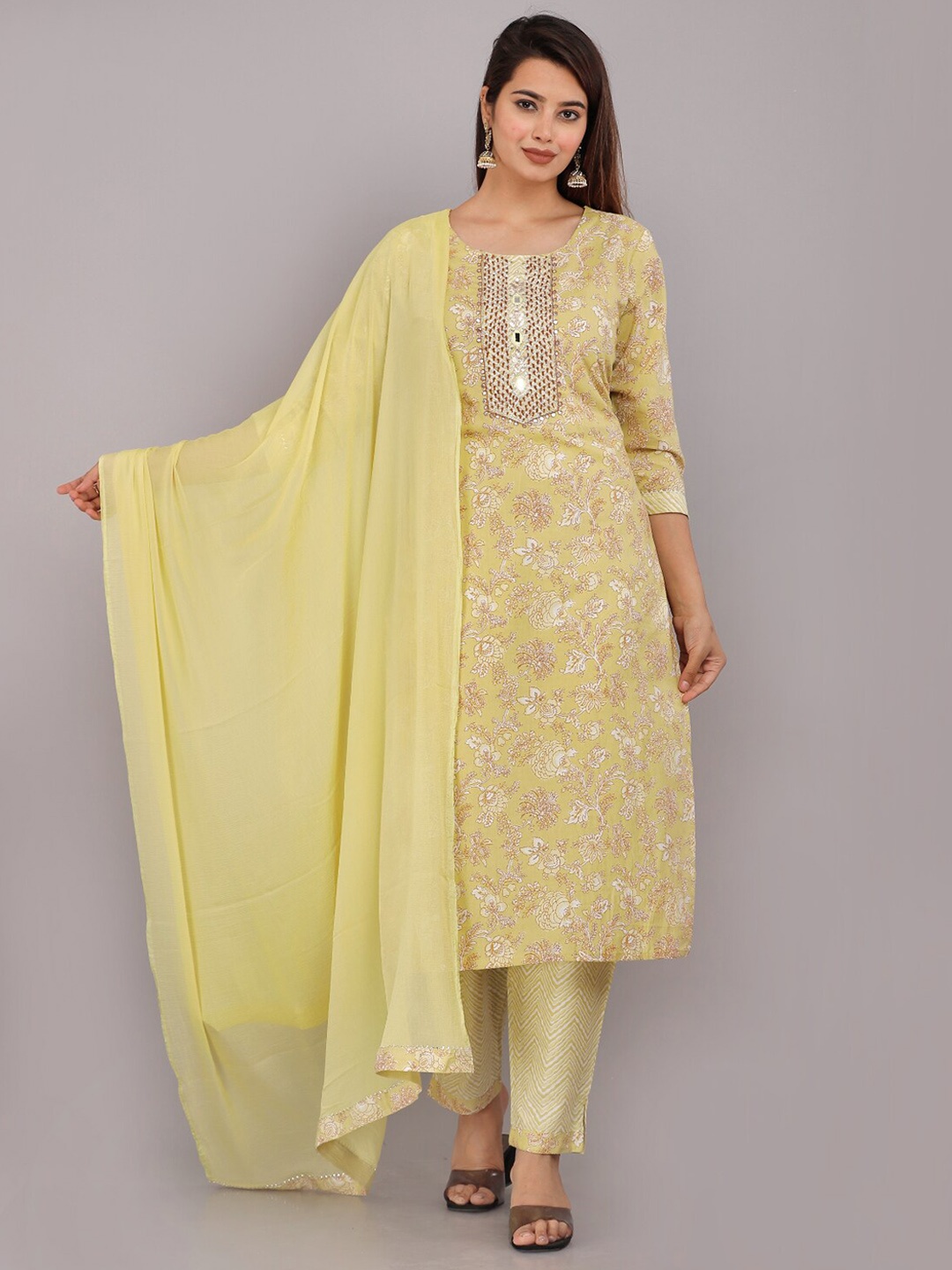 

KALINI Floral Printed Mirror Work Pure Cotton Kurta with Trousers & Dupatta, Yellow