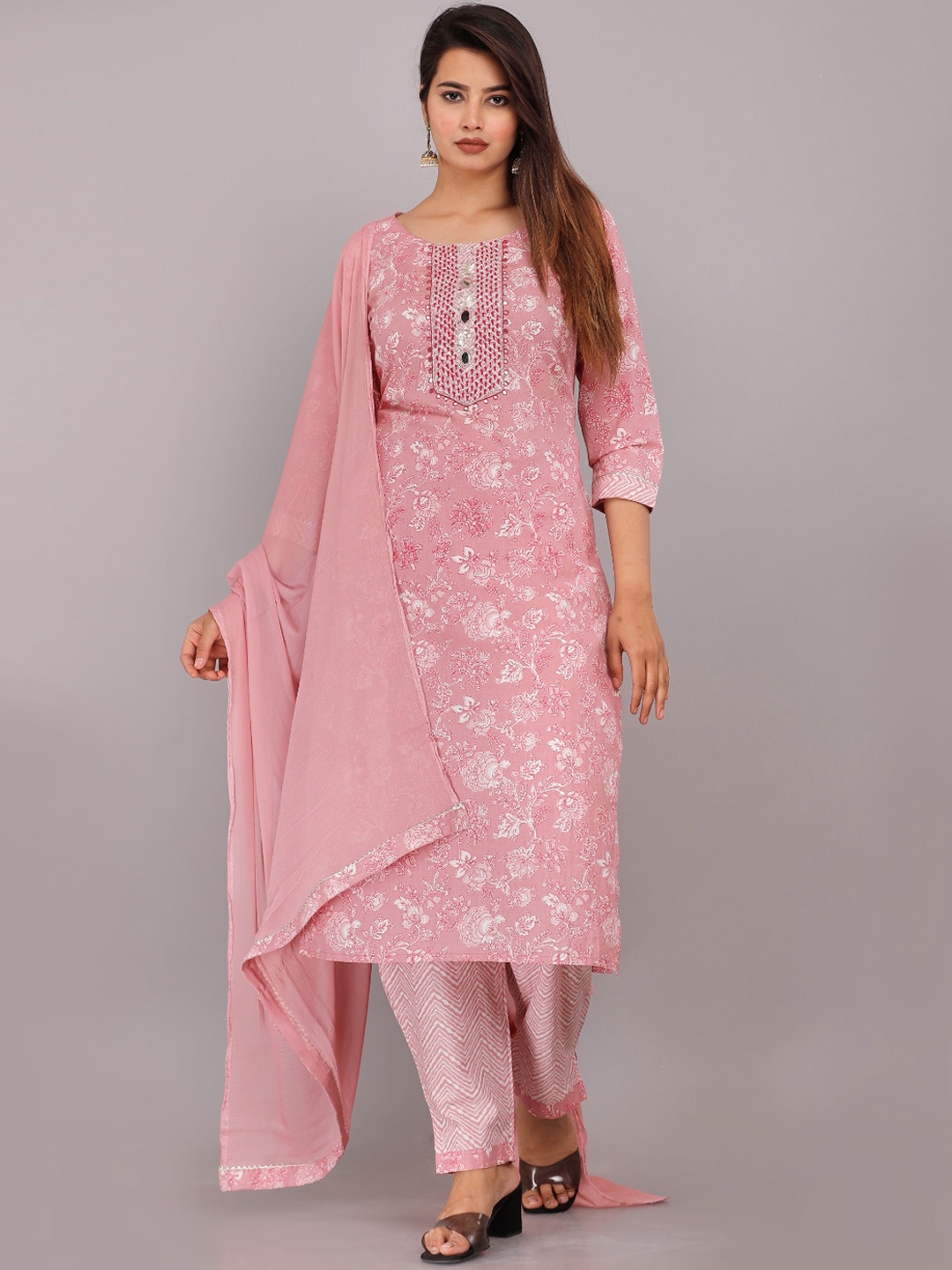 

KALINI Floral Printed Mirror Work Pure Cotton Kurta with Trousers & Dupatta, Pink
