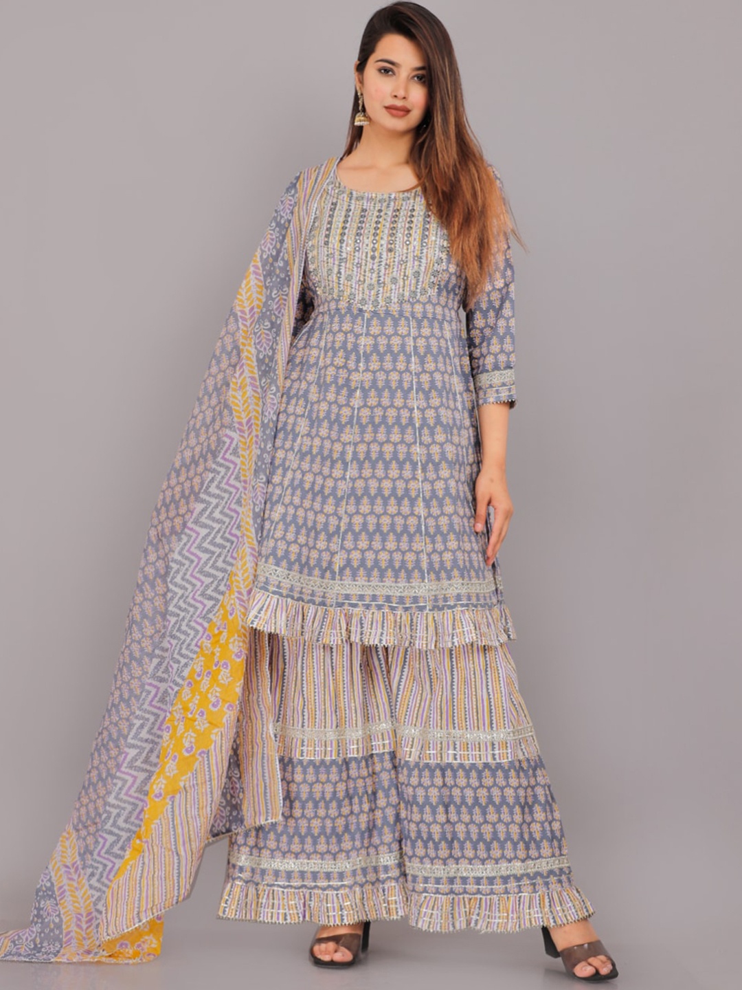 

KALINI Floral Printed Mirror Work Pure Cotton Kurta with Sharara & Dupatta, Blue
