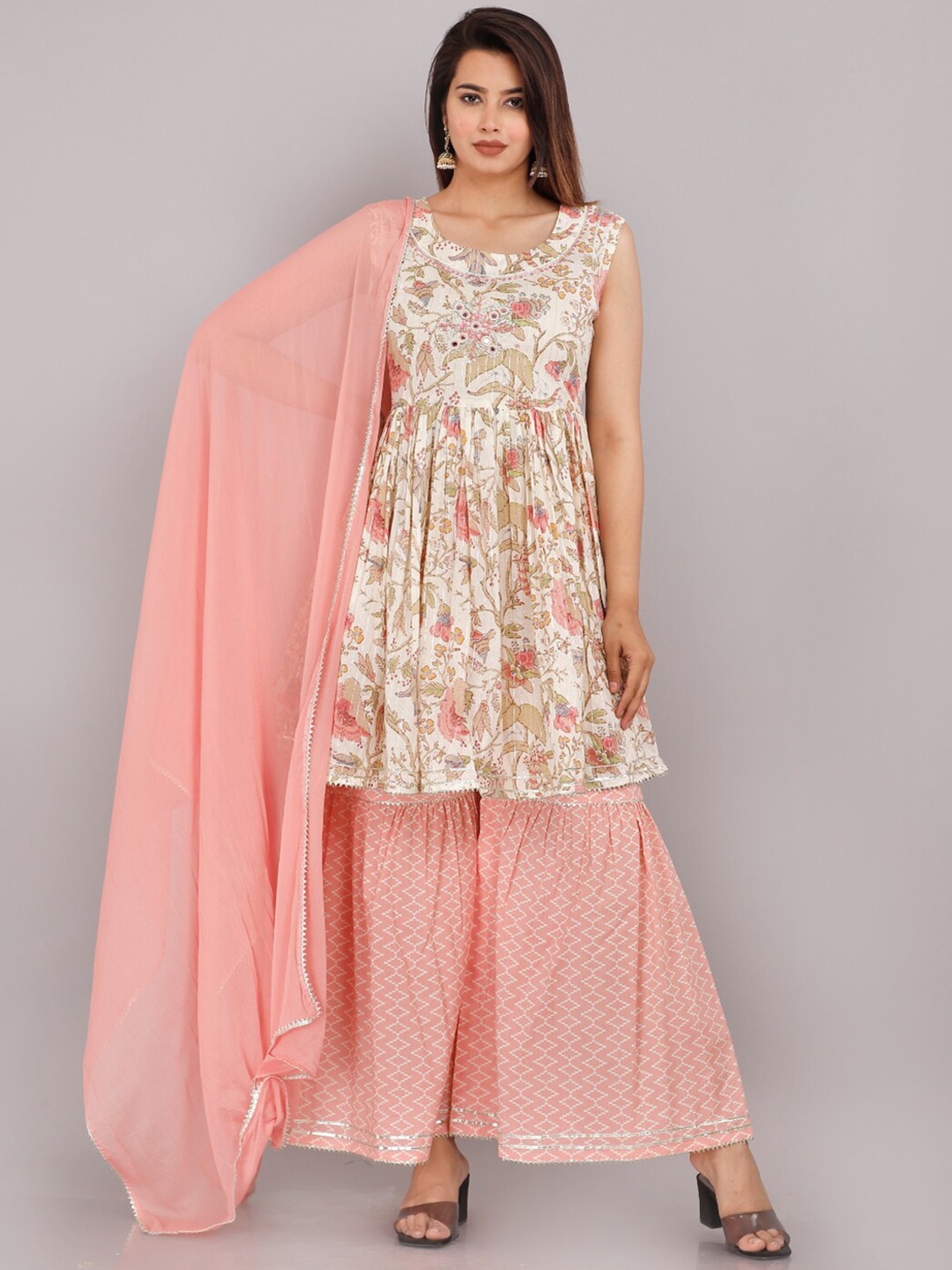 

KALINI Floral Printed Gotta Patti Pure Cotton Kurti with Sharara & Dupatta, Peach