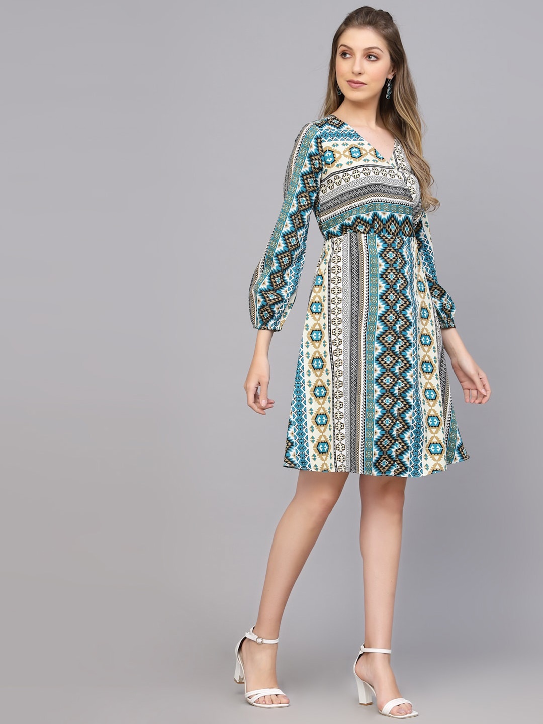 

Selvia Geometric Printed Puff Sleeves A-Line Dress, Blue
