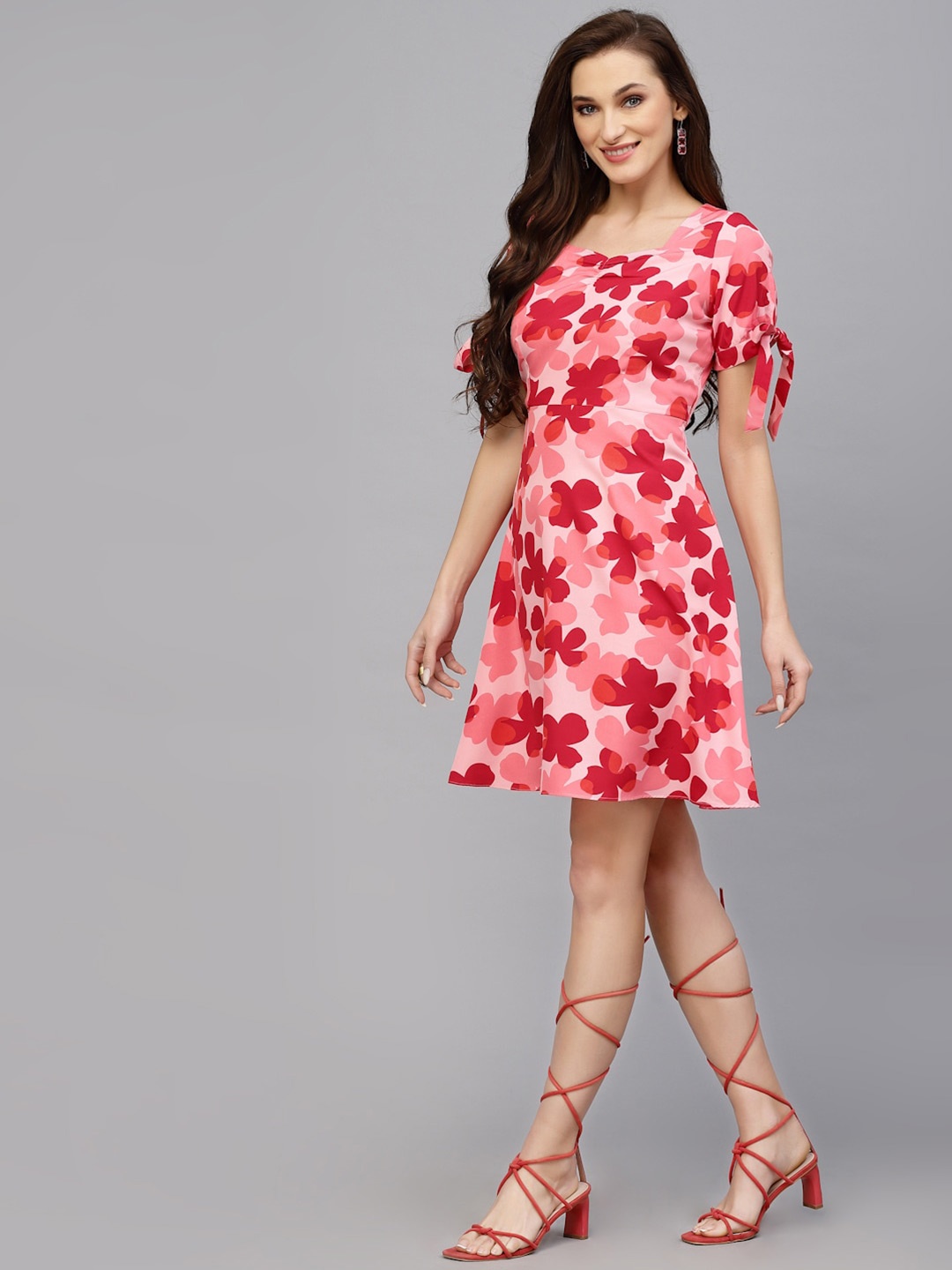 

Selvia Floral Printed Puff Sleeves Ruched A-Line Dress, Pink