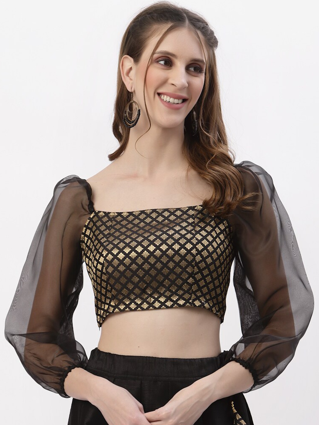 

studio rasa Woven Designed Puff Sleeved Crop Top, Black