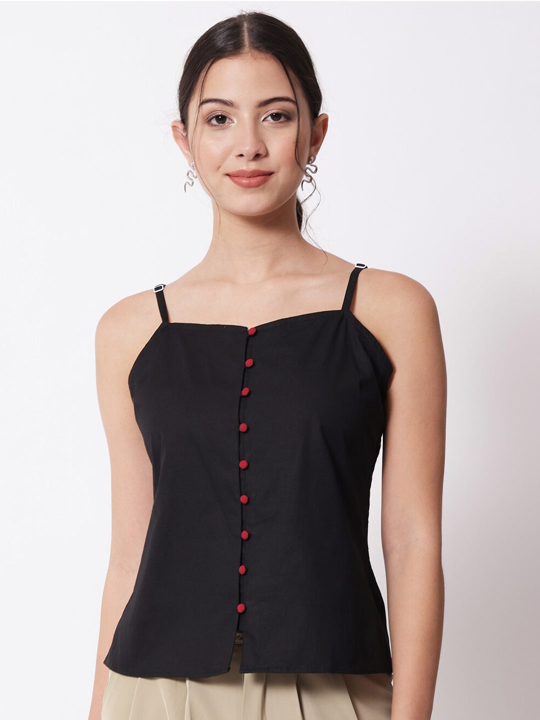 

CHARMGAL Fitted Strappy Casual Cotton Top, Black