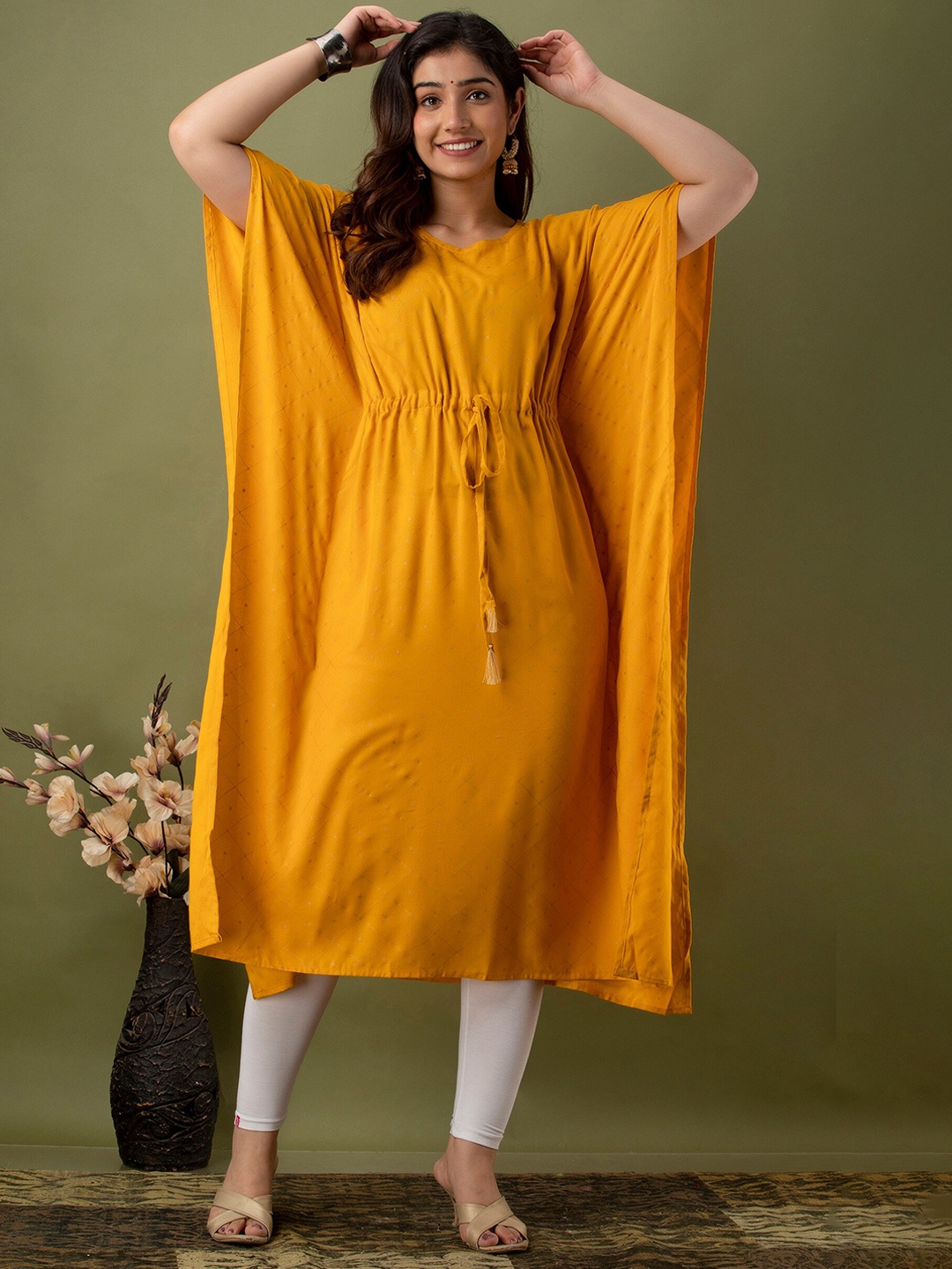 

Mialo fashion Geometric Printed Flared Sleeves Kaftan Kurti, Yellow