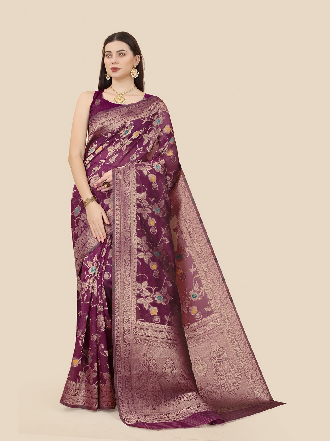 

VAIRAGEE Floral Woven Design Zari Organza Banarasi Saree, Purple