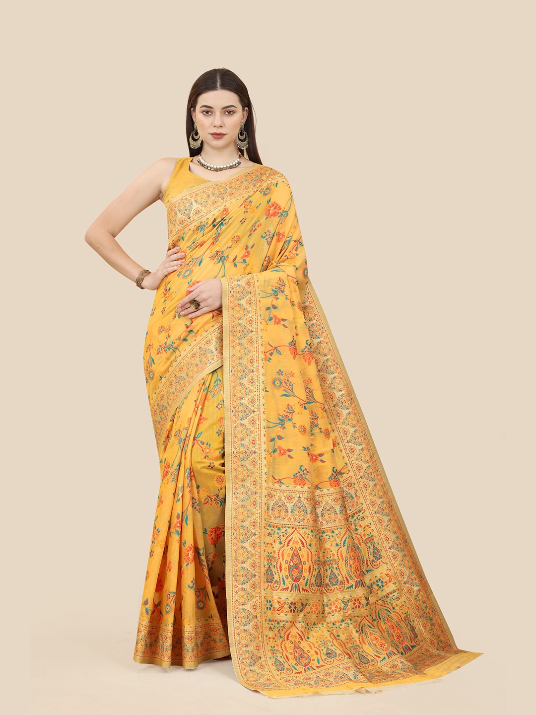 

VAIRAGEE Floral Printed Zari Silk Cotton Banarasi Saree, Yellow