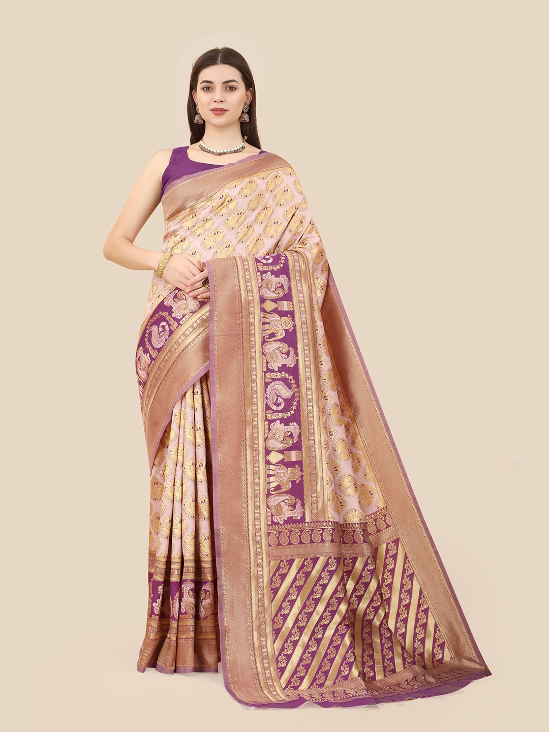 

VAIRAGEE Ethinic Woven Design Zari Banarasi Saree, Cream