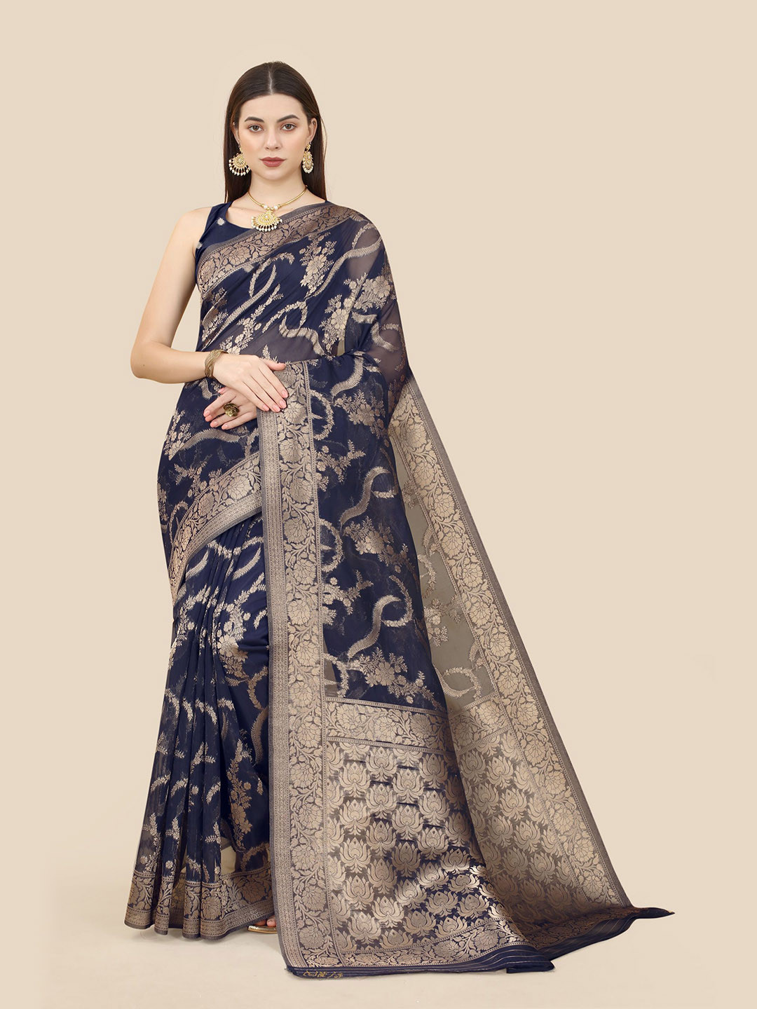 

VAIRAGEE Floral Woven Design Zari Organza Banarasi Saree, Navy blue