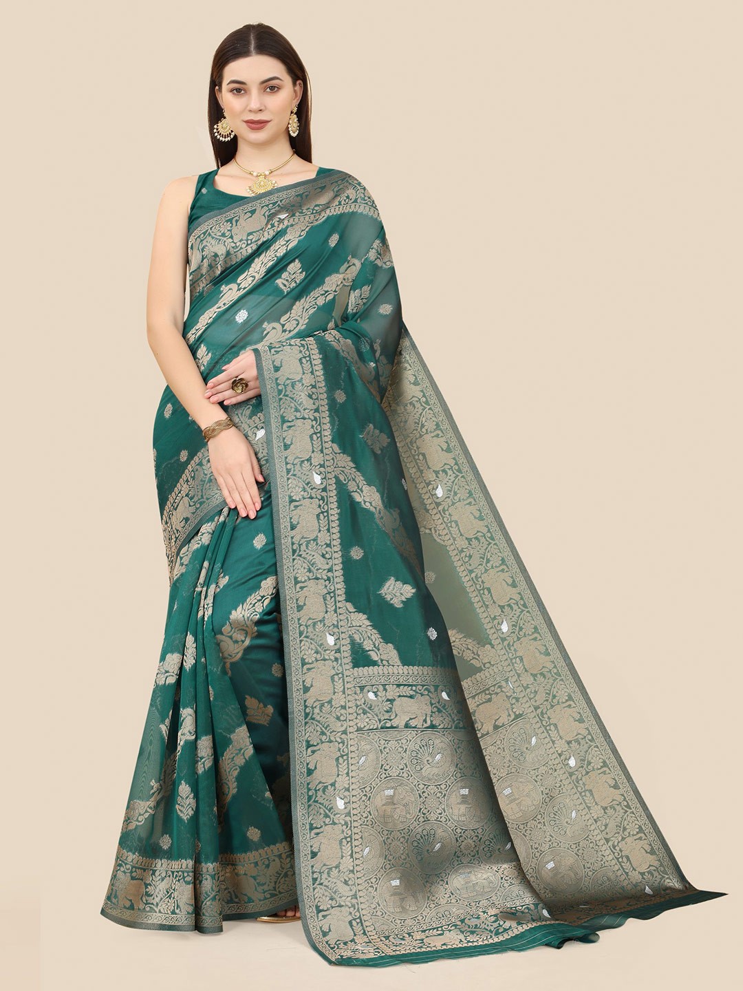 

VAIRAGEE Ethinic Woven Design Zari Organza Banarasi Saree, Green