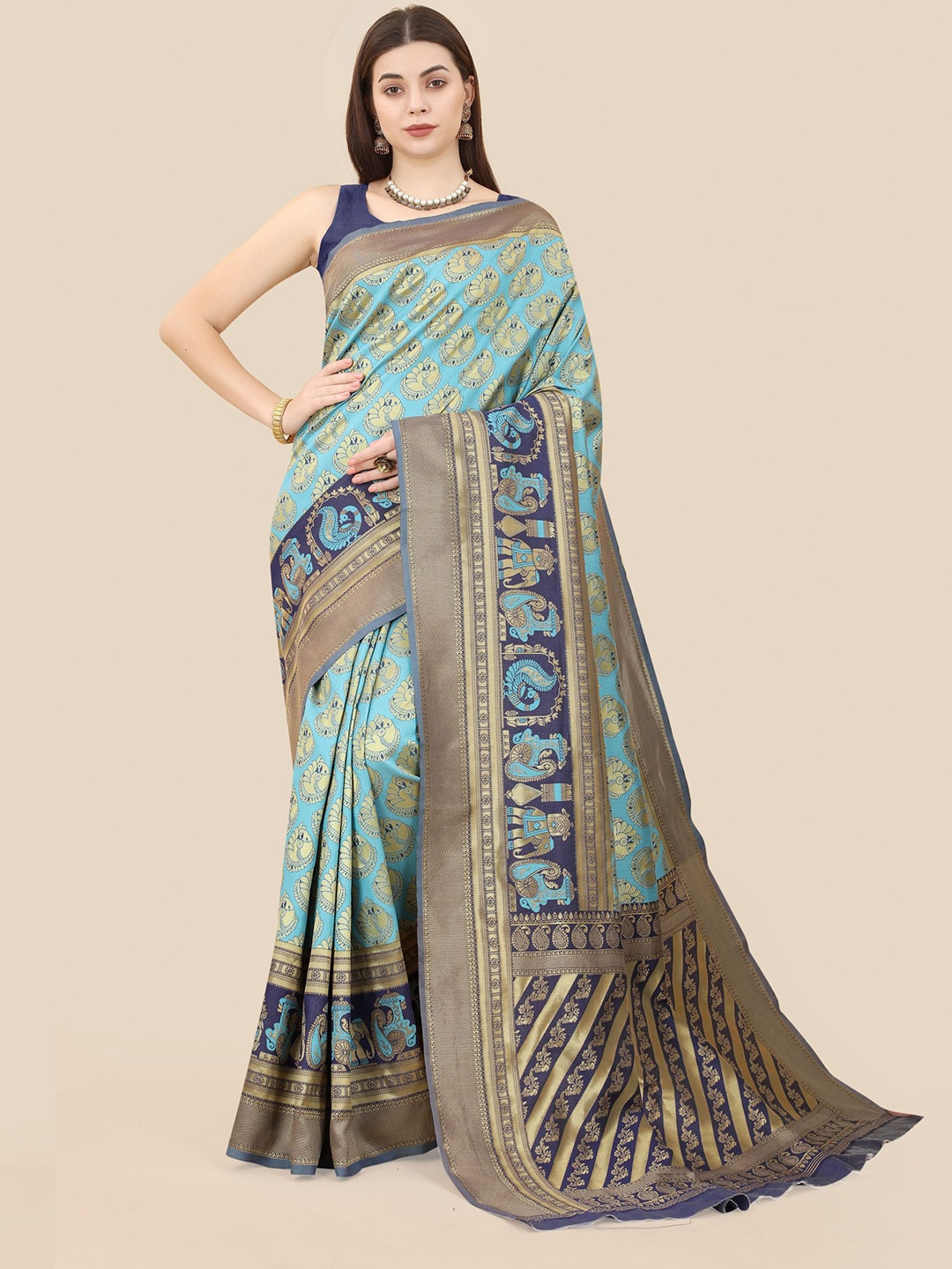 

VAIRAGEE Ethinic Woven Design Zari Banarasi Saree, Turquoise blue