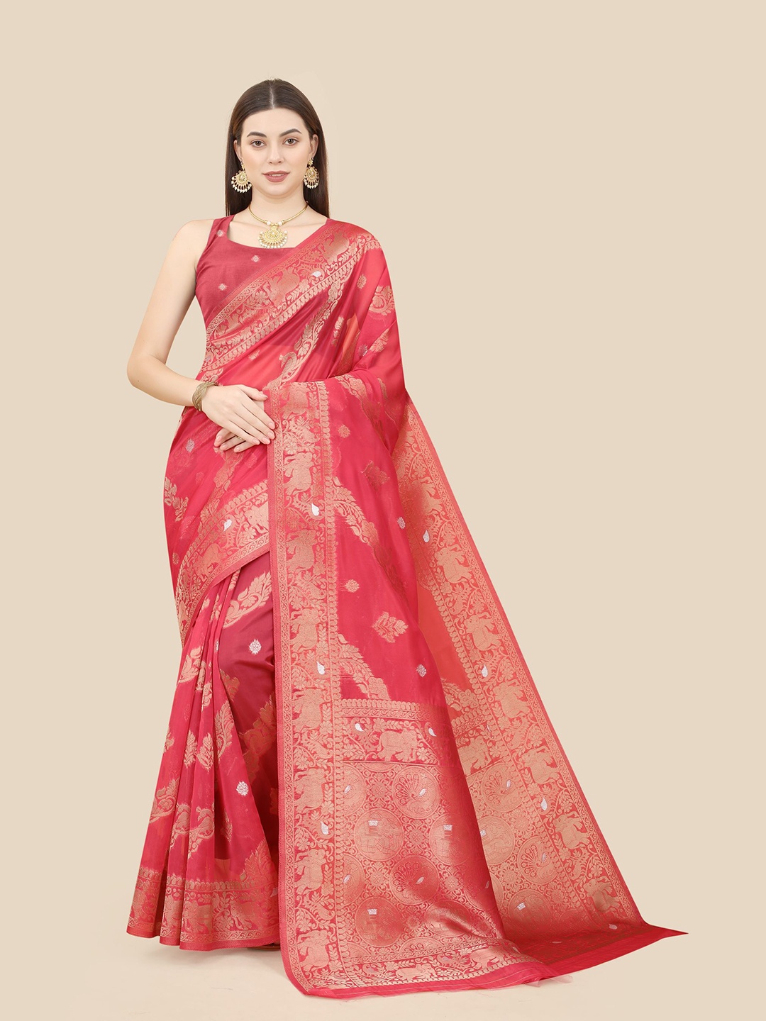 

VAIRAGEE Ethinic Woven Design Zari Organza Banarasi Saree, Pink