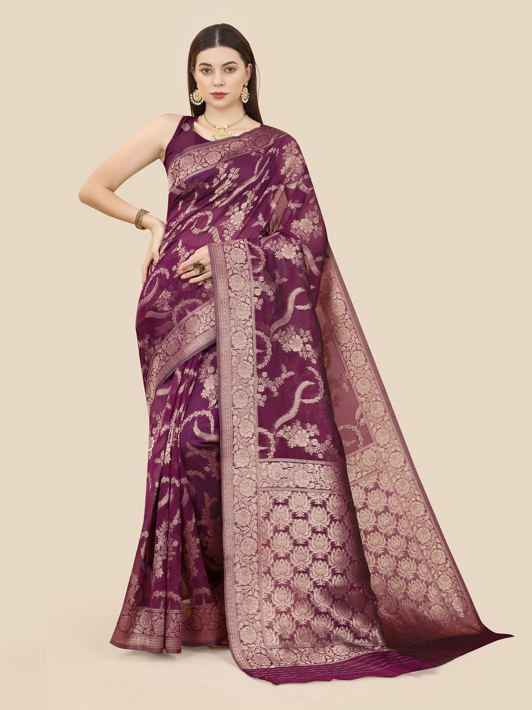 

VAIRAGEE Floral Woven Design Zari Organza Banarasi Saree, Purple