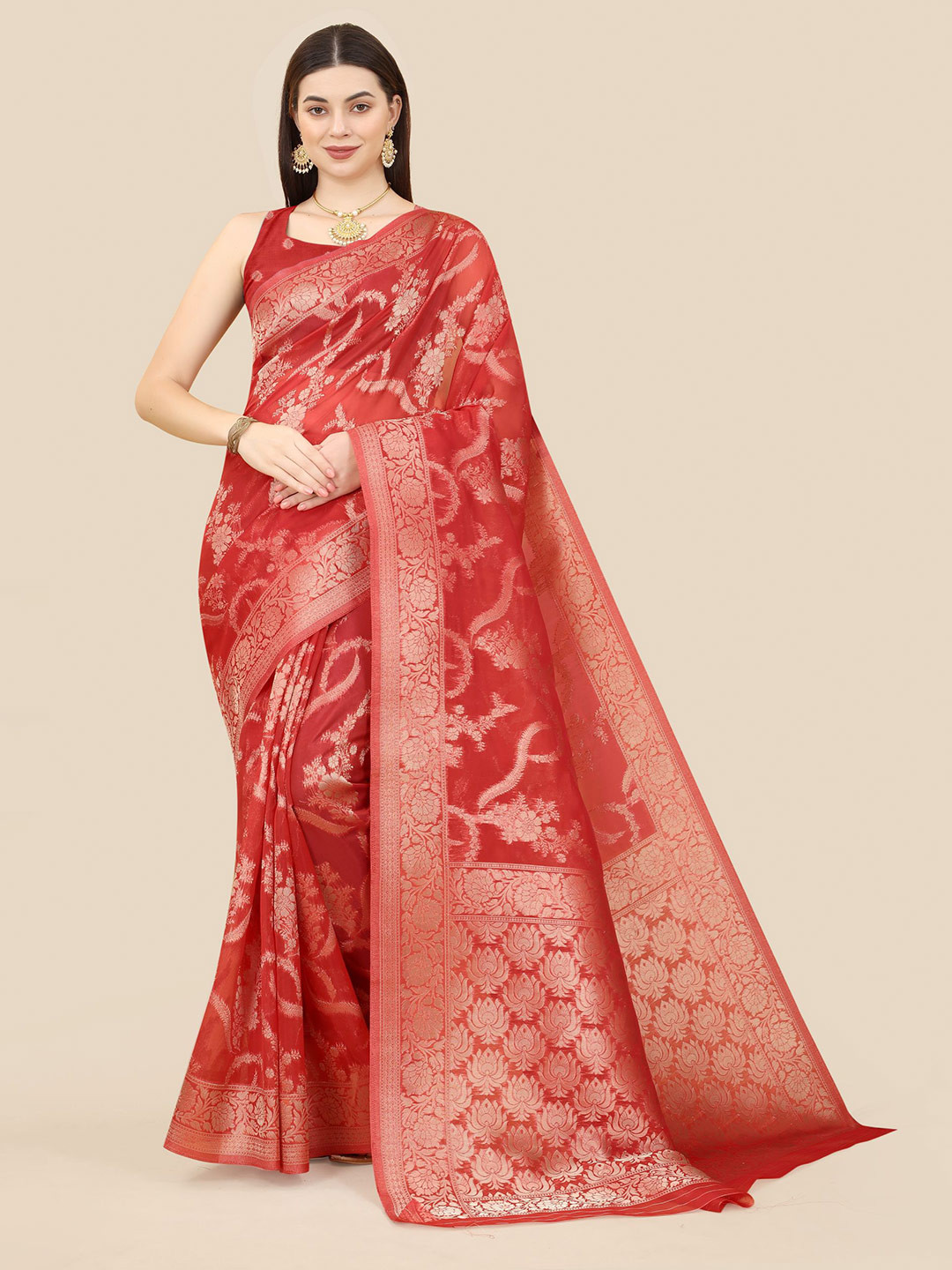 

VAIRAGEE Floral Woven Design Zari Organza Banarasi Saree, Red