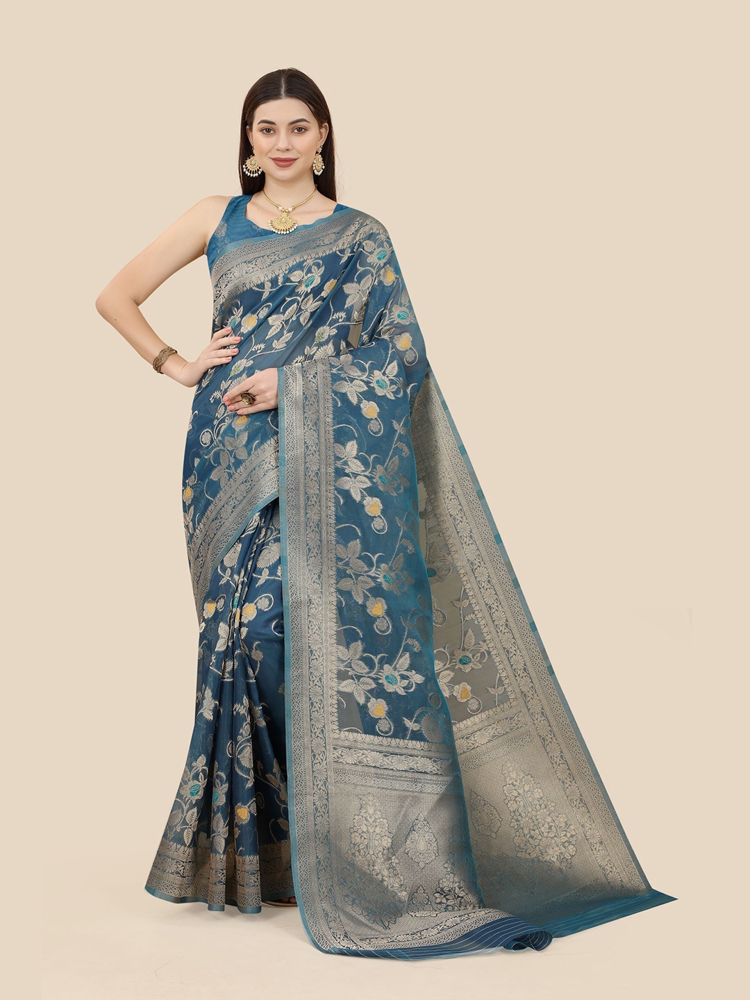 

VAIRAGEE Floral Woven Design Zari Organza Banarasi Saree, Teal