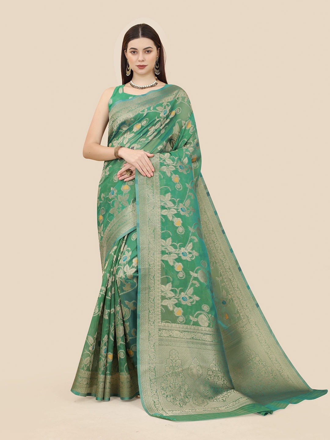 

VAIRAGEE Floral Ethnic Motifs Zari Organza Banarasi Saree, Green