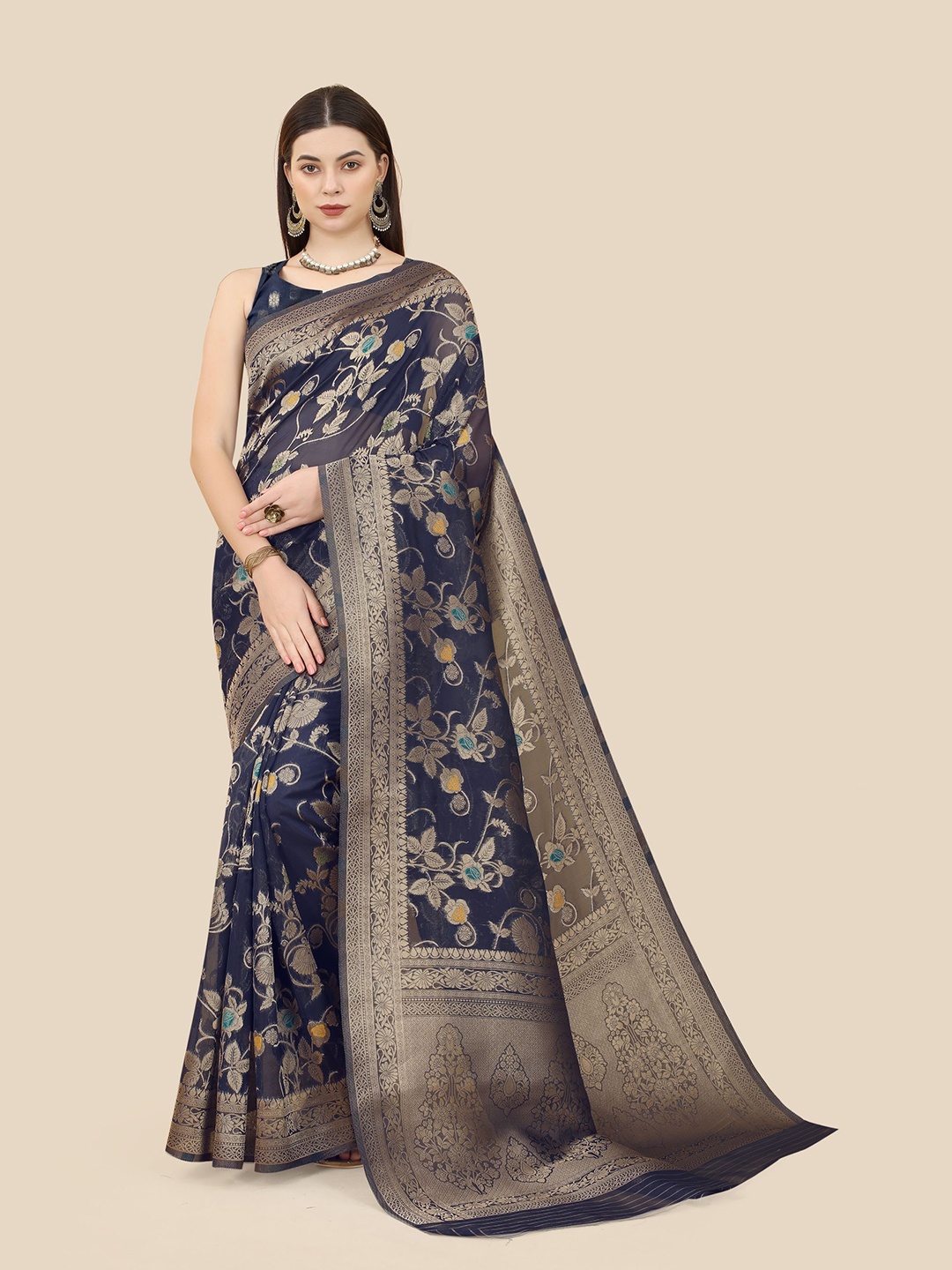 

VAIRAGEE Floral Woven Design Zari Organza Banarasi Saree, Navy blue