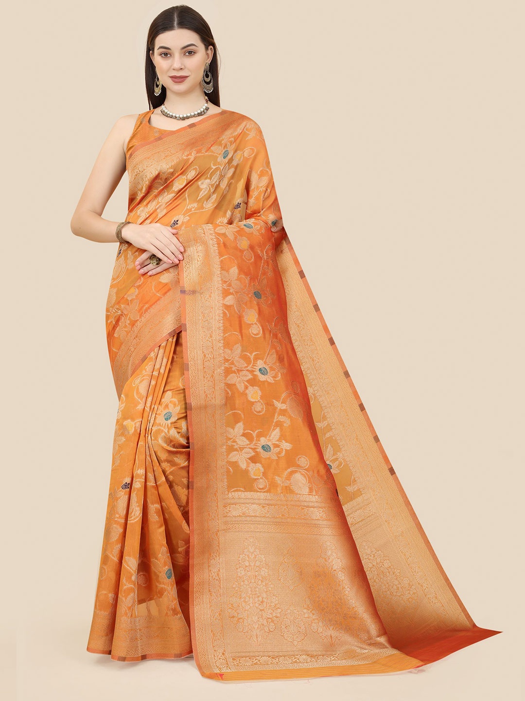 

VAIRAGEE Floral Woven Design Zari Organza Banarasi Saree, Orange