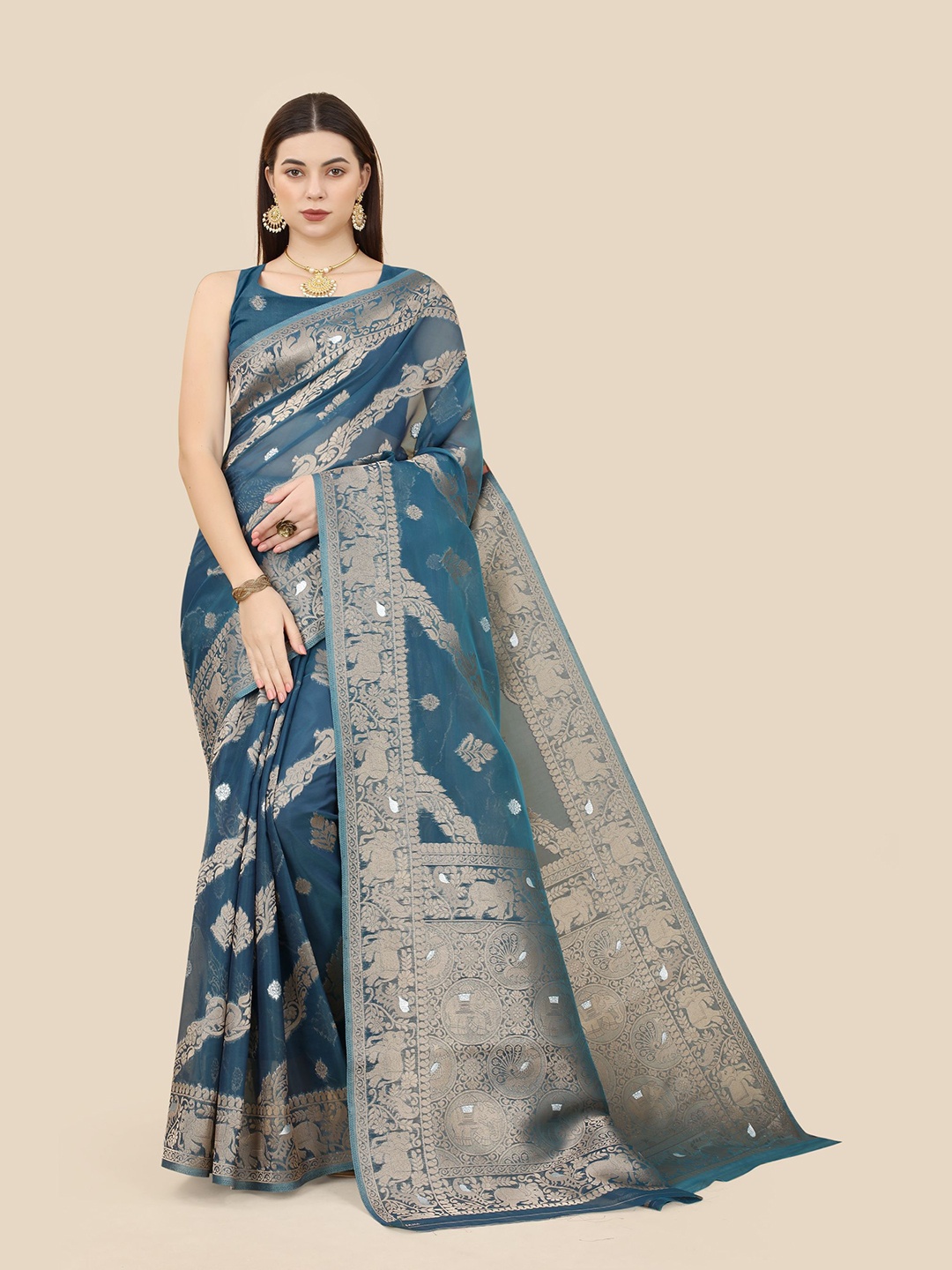

VAIRAGEE Ethinic Woven Design Zari Organza Banarasi Saree, Teal