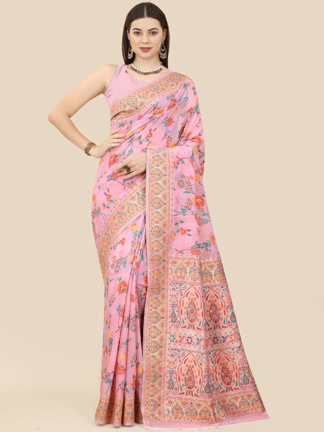 

VAIRAGEE Floral Pinted Zari Silk Cotton Banarasi Saree, Pink