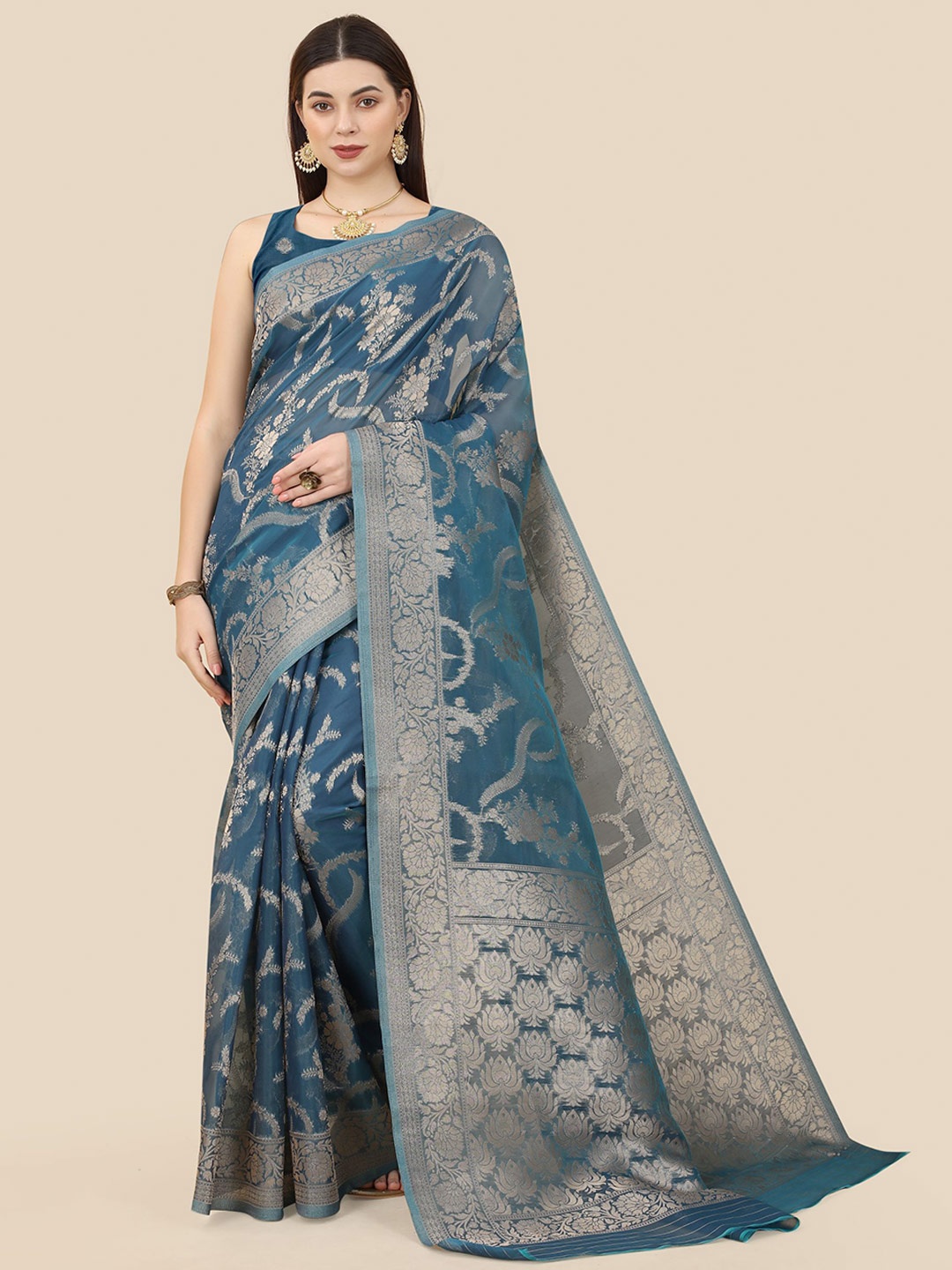 

VAIRAGEE Floral Woven Design Zari Organza Banarasi Saree, Teal