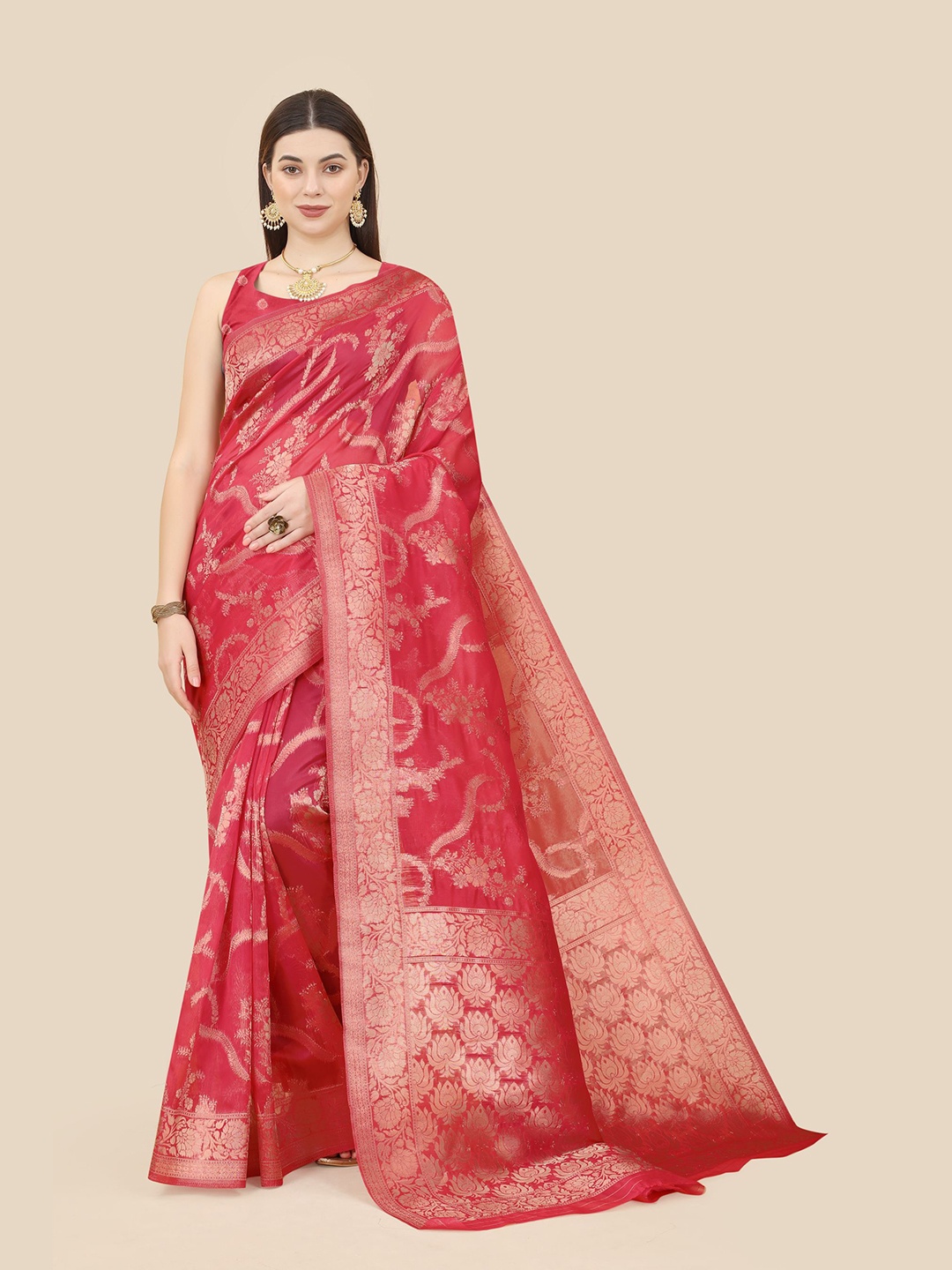 

VAIRAGEE Floral Woven Design Zari Organza Banarasi Saree, Pink