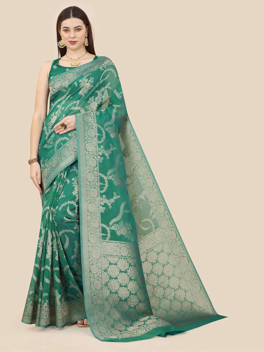 

VAIRAGEE Floral Woven Design Zari Organza Banarasi Saree, Green