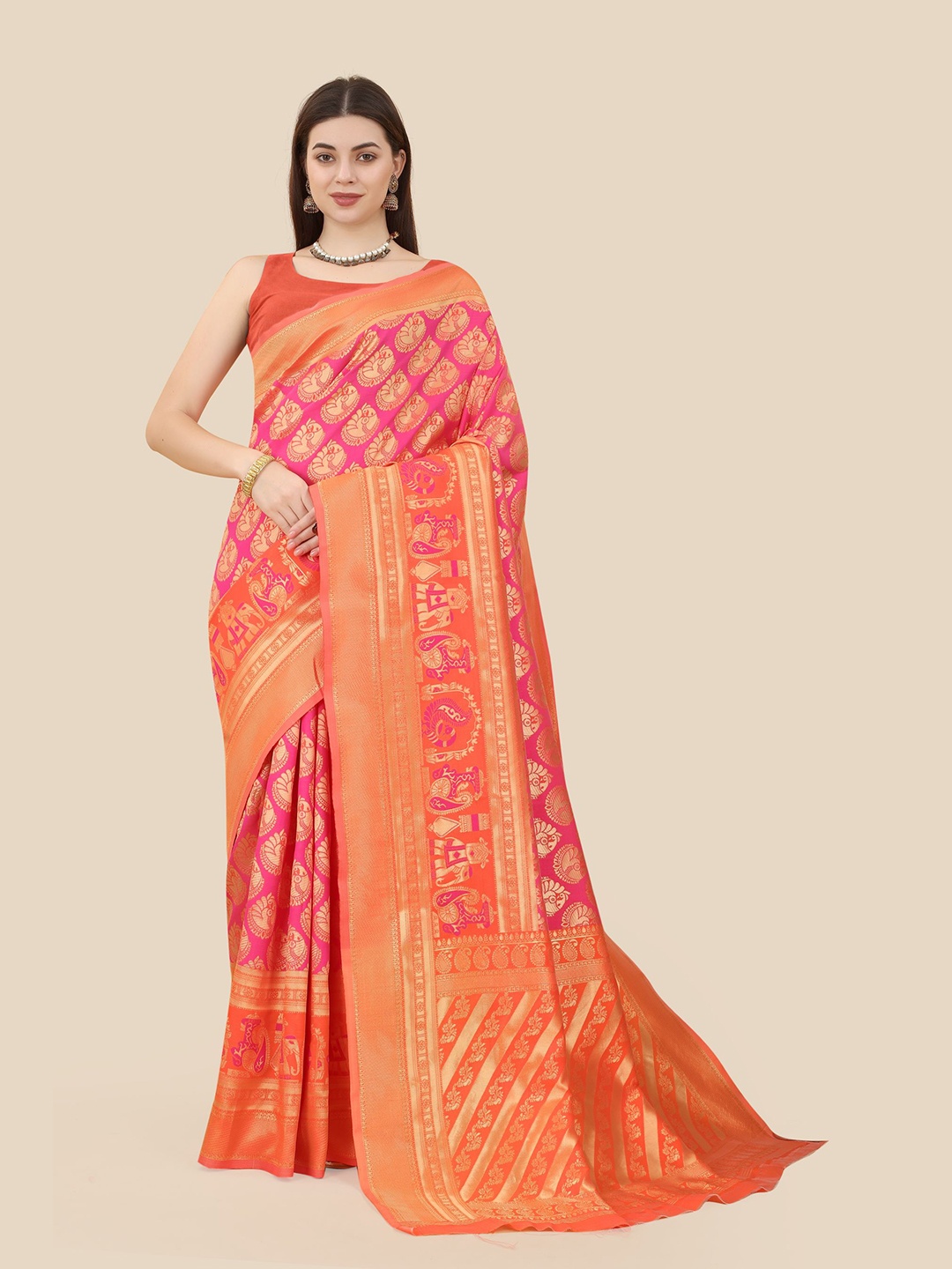 

VAIRAGEE Ethnic Woven Design Zari Banarasi Saree, Pink