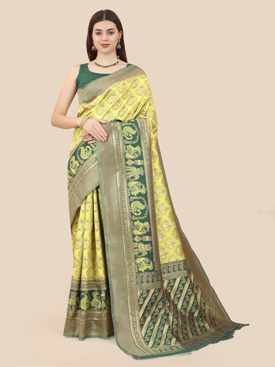 

VAIRAGEE Ethnic Woven Design Zari Banarasi Saree, Yellow