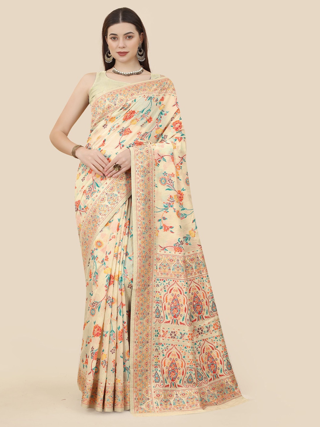

VAIRAGEE Floral Printed Zari Silk Cotton Banarasi Saree, Cream