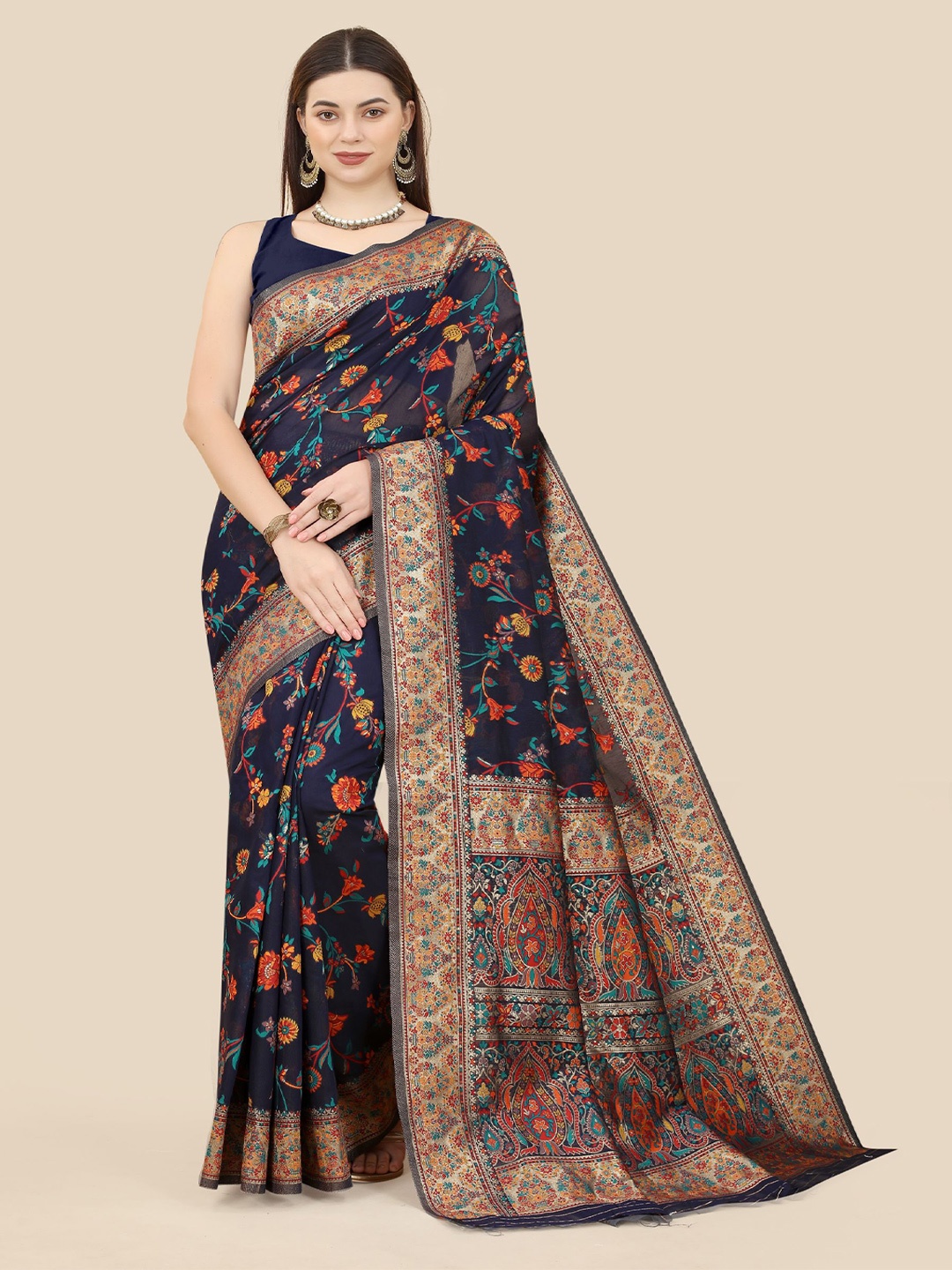 

VAIRAGEE Floral Printed Zari Silk Cotton Banarasi Saree, Navy blue