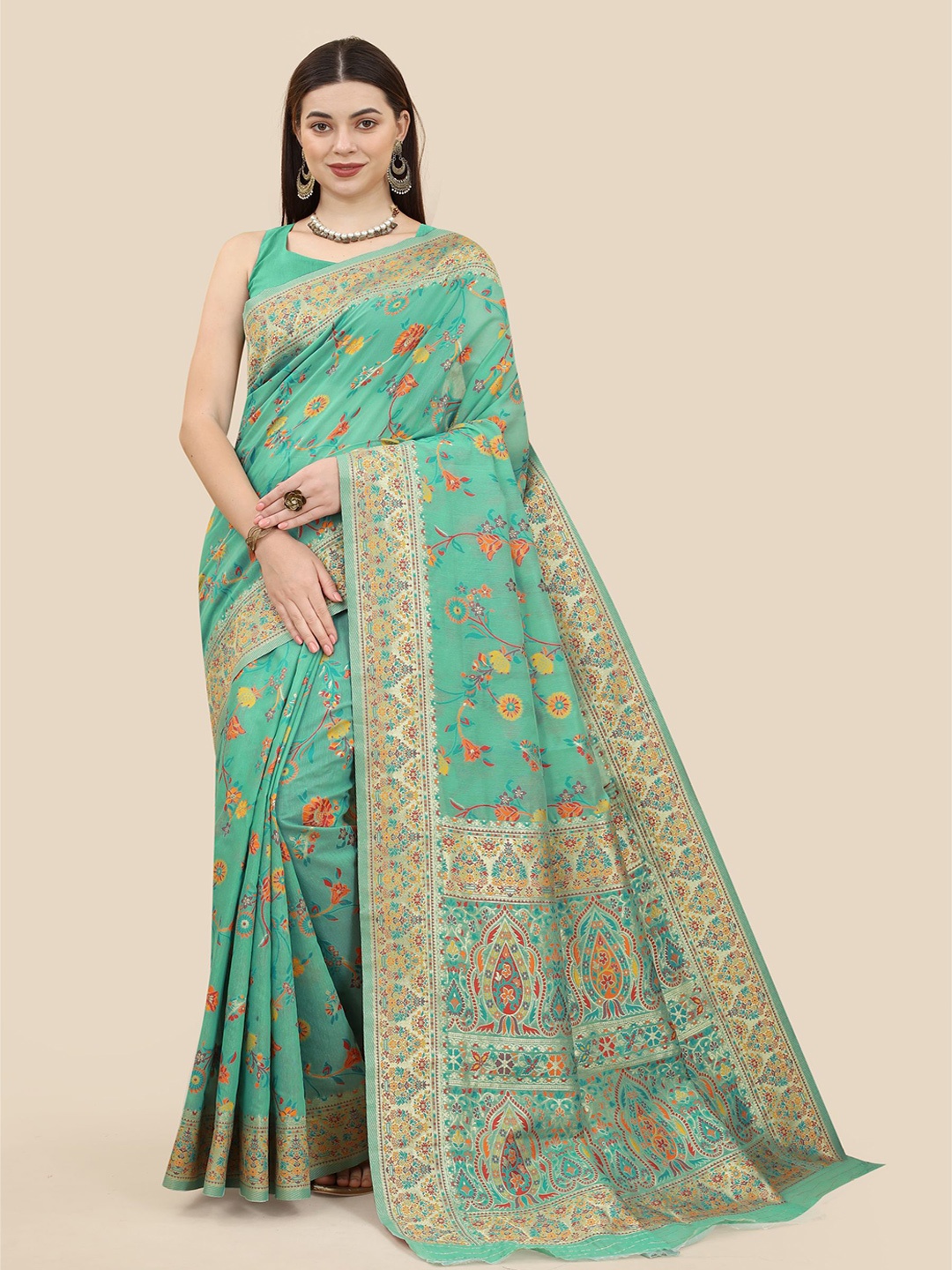 

VAIRAGEE Floral Printed Zari Silk Cotton Banarasi Saree, Turquoise blue