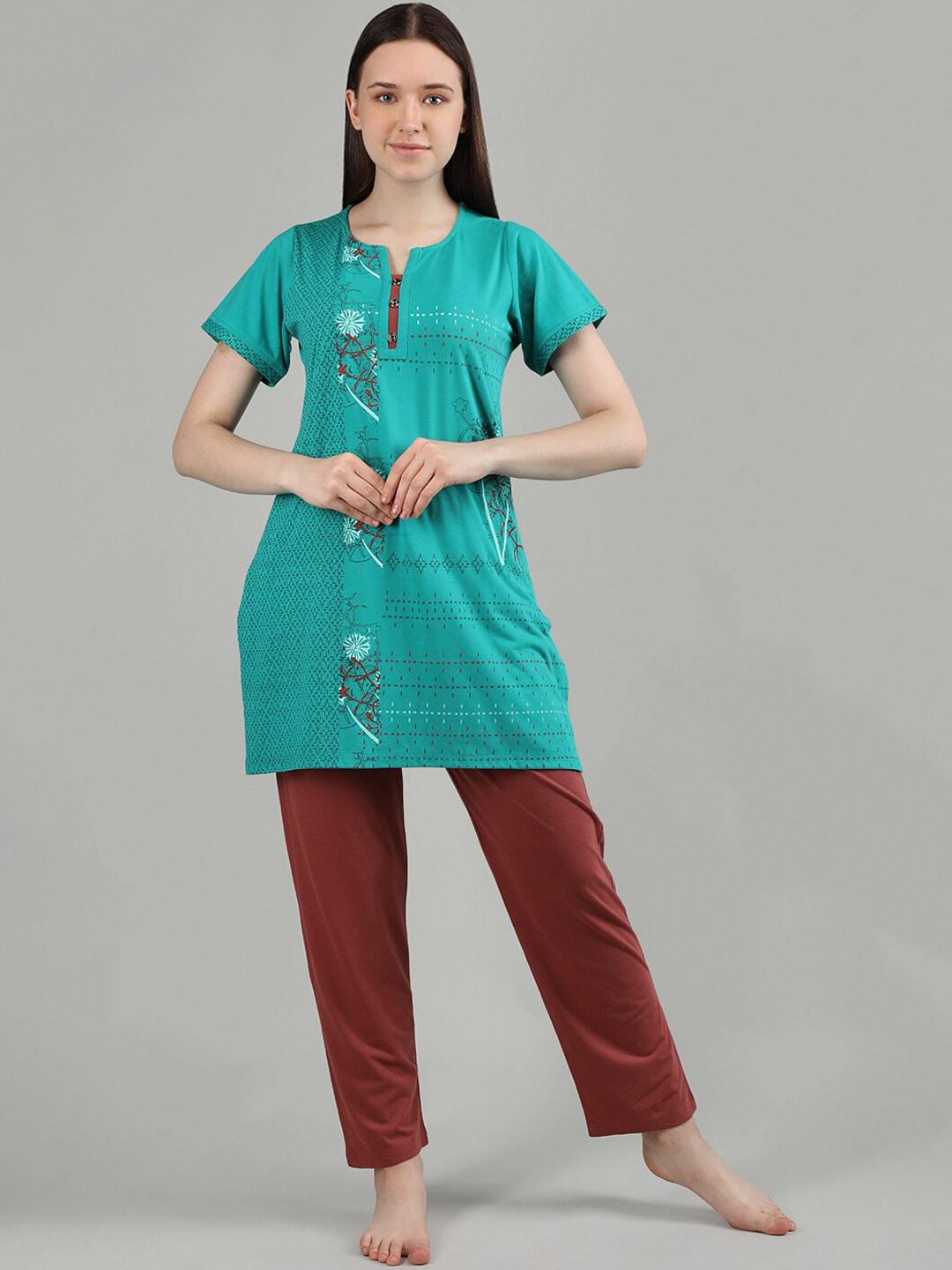 

Duchess Ethnic Motifs Printed Night Suit, Sea green