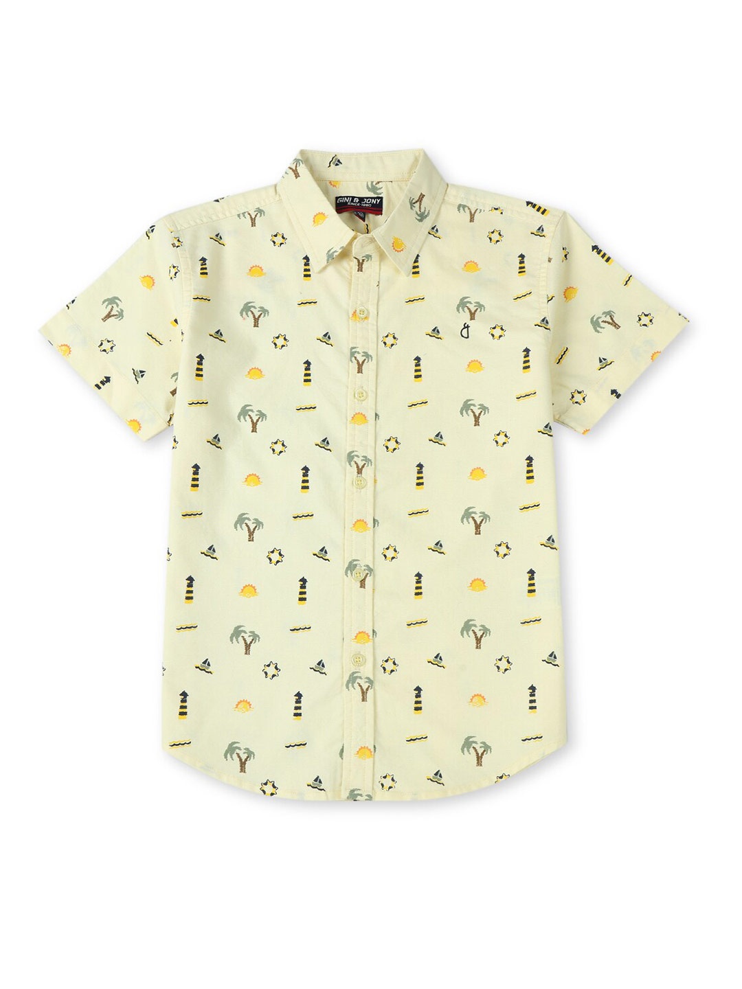 

Gini and Jony Boys Conversational Printed Spread Collar Short Sleeves Cotton Casual Shirt, Yellow