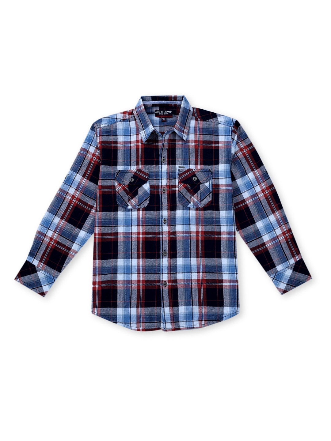 

Gini and Jony Boys Tartan Checked Spread Collar Roll-Up Sleeves Cotton Casual Shirt, Navy blue