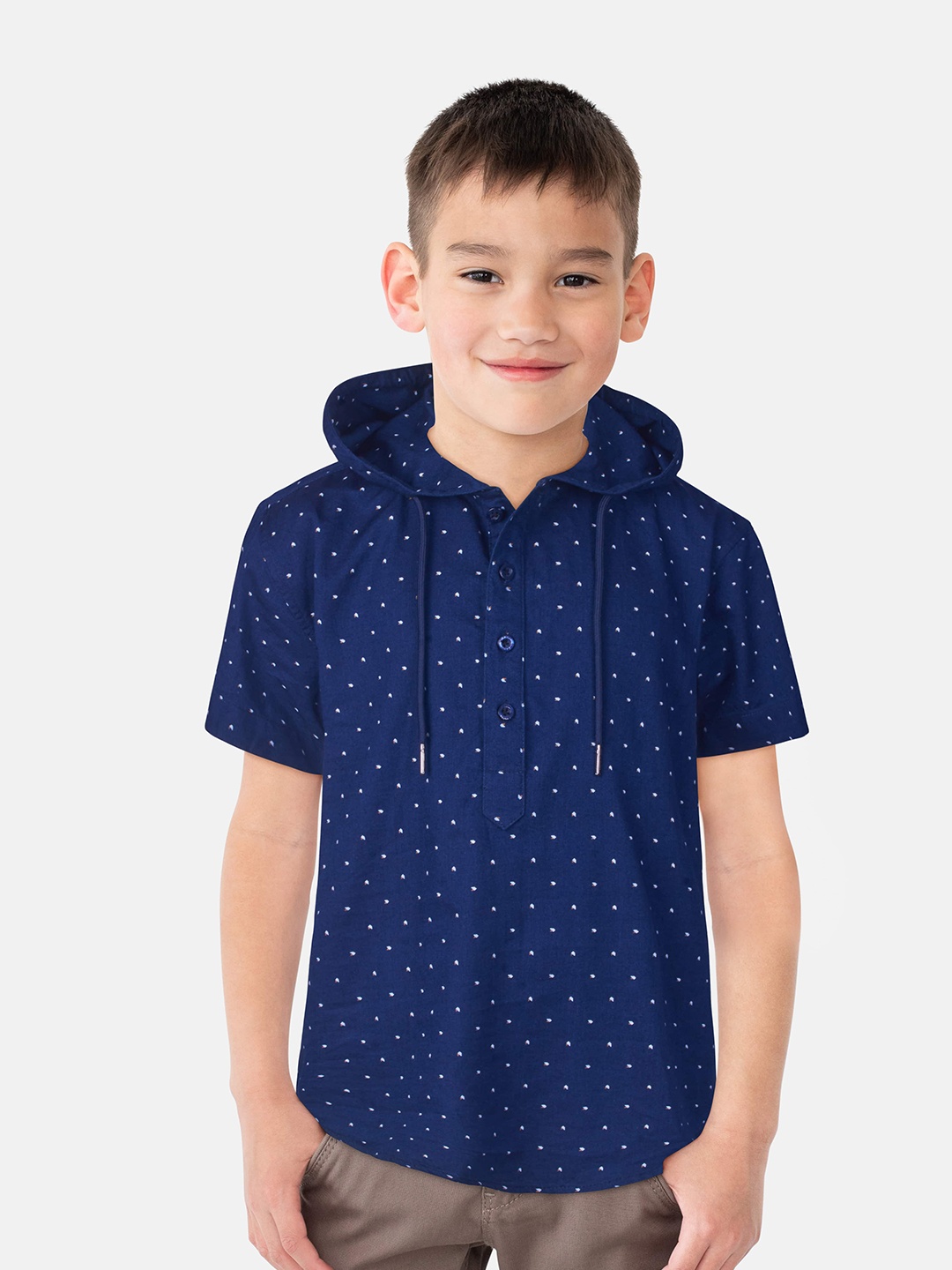 

Gini and Jony Infants Boys Polka Dots Printed Hooded Cotton Casual Shirt, Navy blue