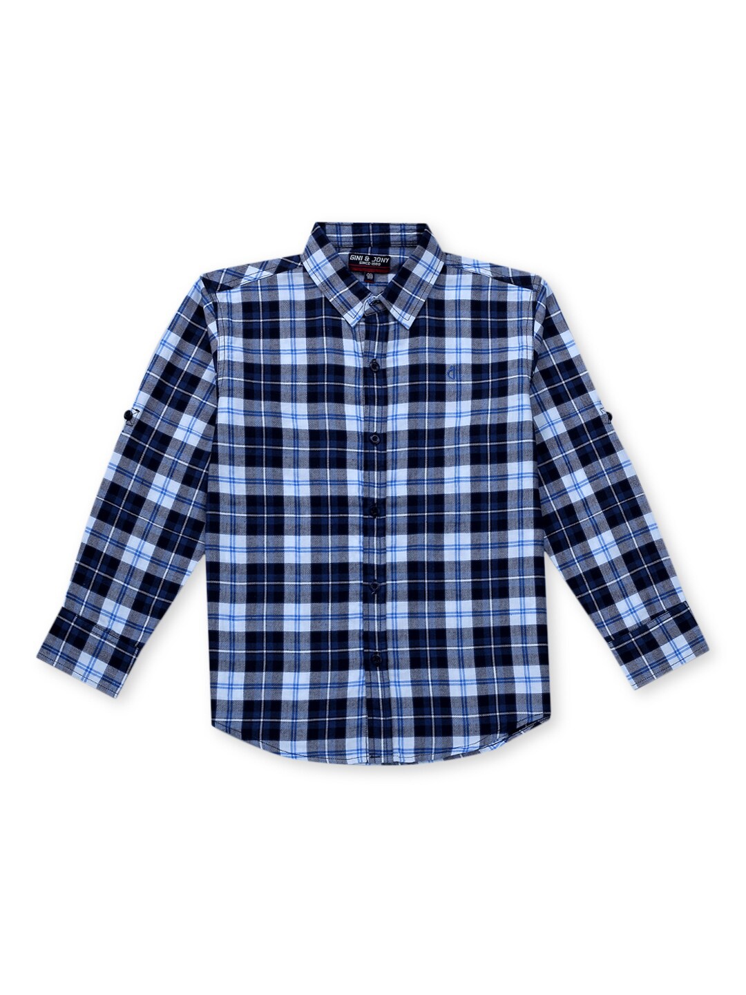 

Gini and Jony Boys Checked Spread Collar Roll-Up Sleeves Cotton Casual Shirt, Navy blue