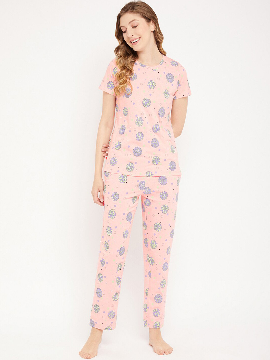 

MADAME M SECRET Ethnic Motifs Printed Night Suit, Peach